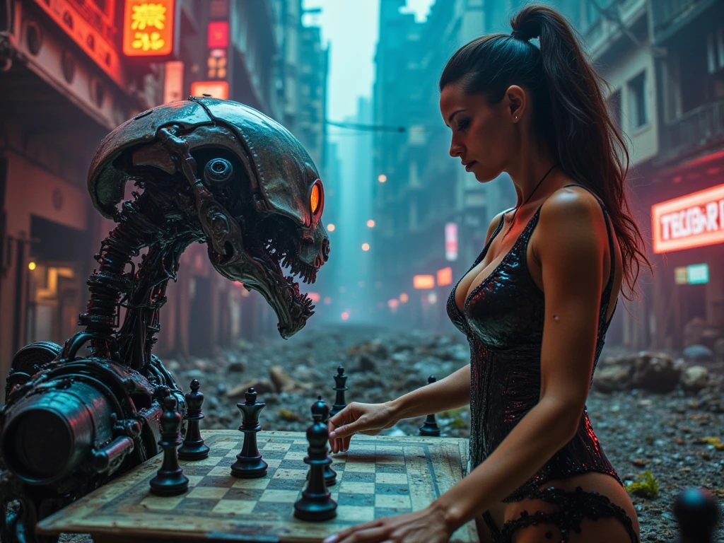 araffe and a woman in a white dress are touching each other, movie still of the alien girl, artgerm ; 3d unreal engine, movie still of a alien cyborg, 8 0 s neon movie still, 8 0 s asian neon movie still, love death + robots, cinematic neon uplighting, synthwave image, love death and robots --auto --s2