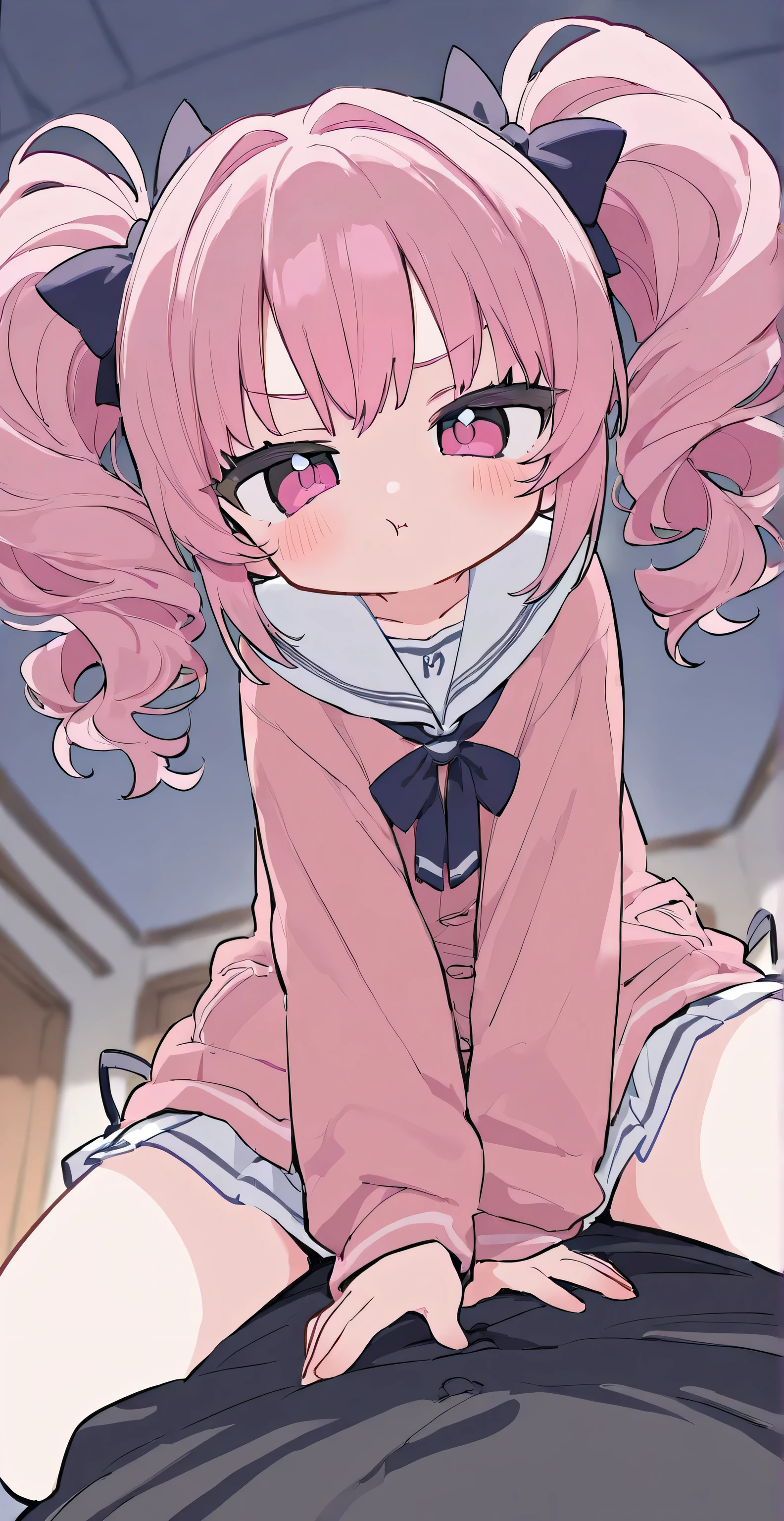 Cowgirl position, leaning forward, from below, looking at viewer, pout mouth, clothed, black and pink hair, Twintail, wavy hair 