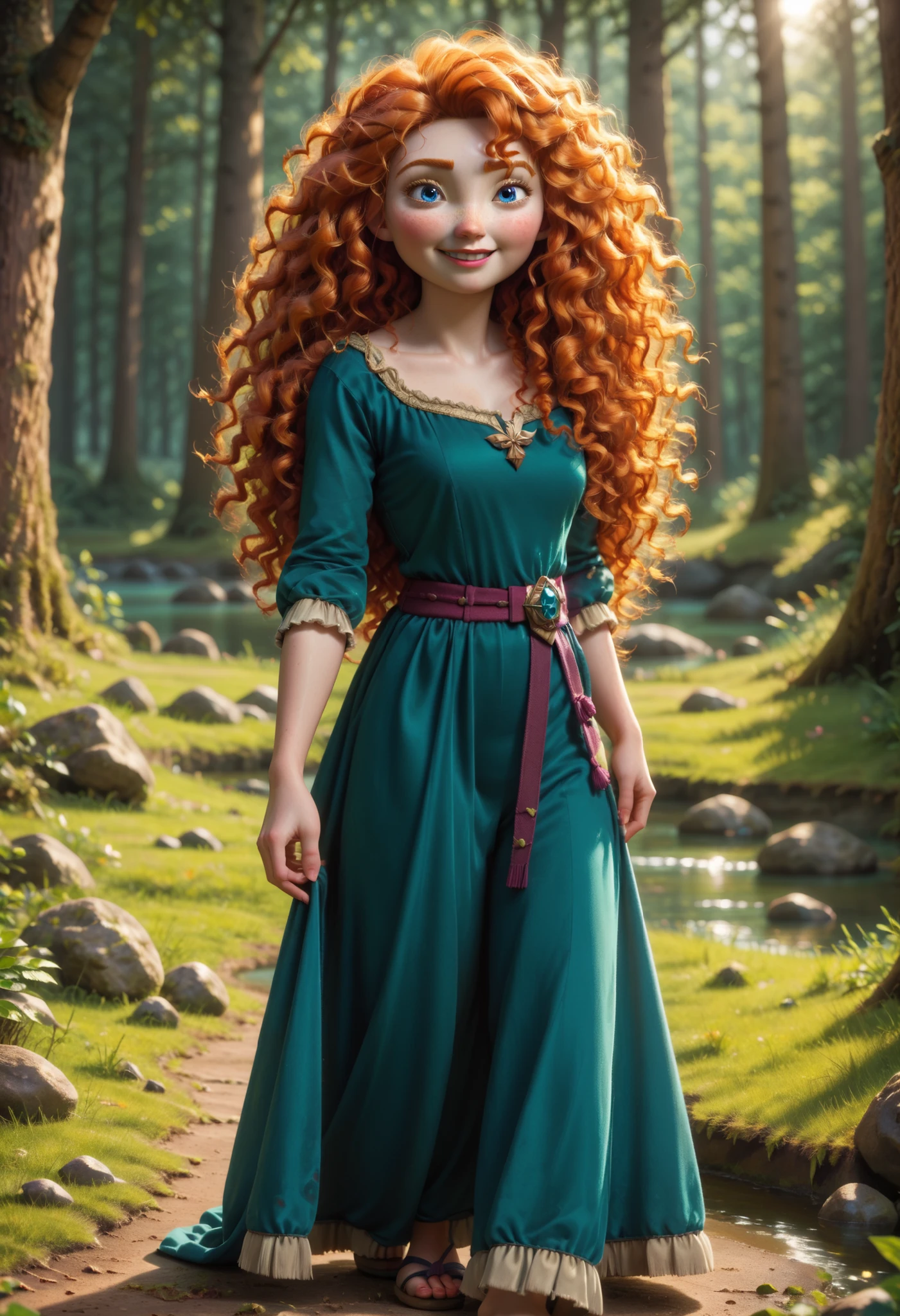 (princessmerida, blue eyes, long hair, orange hair, curly hair, freckles, wavy hair:1.2), BREAK, (full body), smiling at viewer, shy,  pose, BREAK, in deserted summer forest by a lake BREAK, masterpiece, dramatic lighting, highly detailed, depth of field #Merida-00