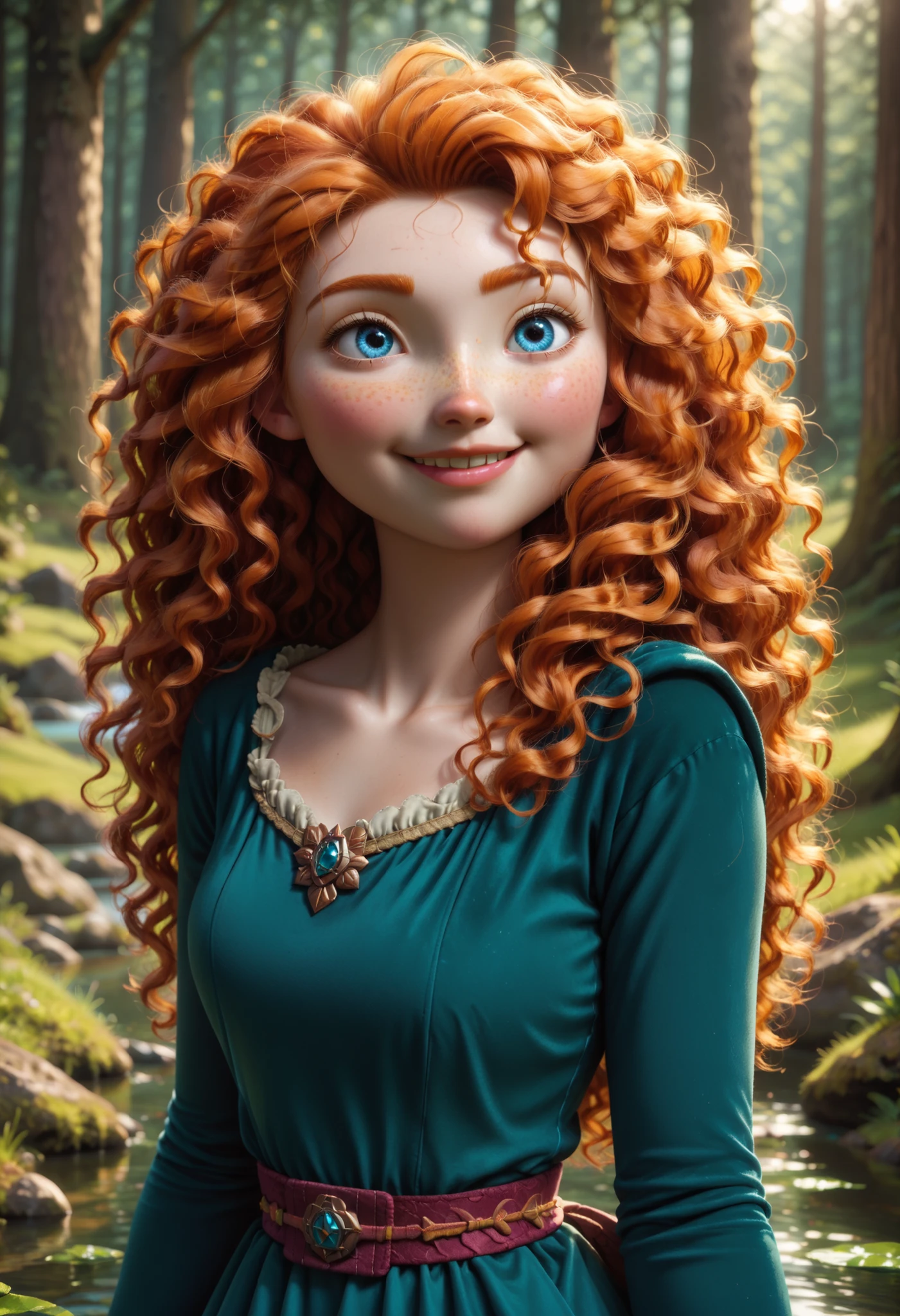 (princessmerida, blue eyes, long hair, orange hair, curly hair, freckles, wavy hair:1.2), BREAK, (full body), smiling at viewer, shy,  pose, BREAK, in deserted summer forest by a lake BREAK, masterpiece, dramatic lighting, highly detailed, depth of field #Merida-00