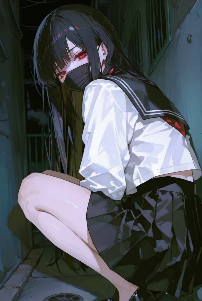There was a woman tied to the ground,Anime girl cosplay,Black sailor suit,black pantyhoses,cabelos preto e longos,Beautiful face