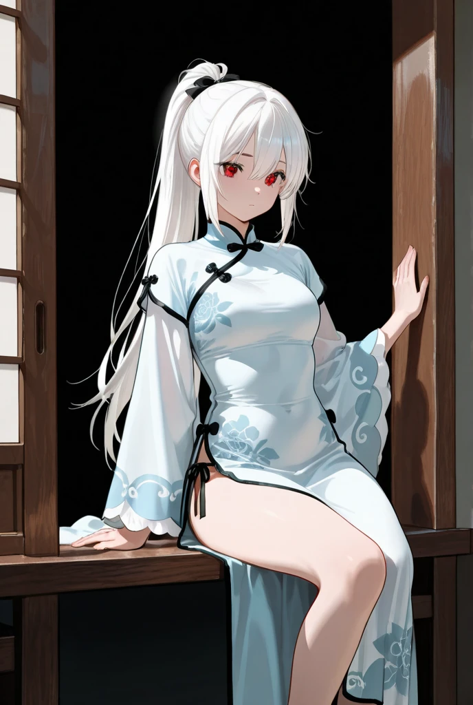 top-quality、realistic touch,high-detail、photoRealstic、long body、thin-waist、captive beauty、big eye、Strong platinum blonde eyelashes、platinum-blond、full body Esbian、Sparkling eyes、Submissive smile、Flushed cheeks、Kamimei、thin-waist、Voluptuous thighs、Enraptured look、Raked bangs、The forehead is protruding、Tight chinese dress、sleeveless、Inside a room、She isn't not wearing panties、wide slit in clothing、14 years old girl、seduce me with a sexy pose