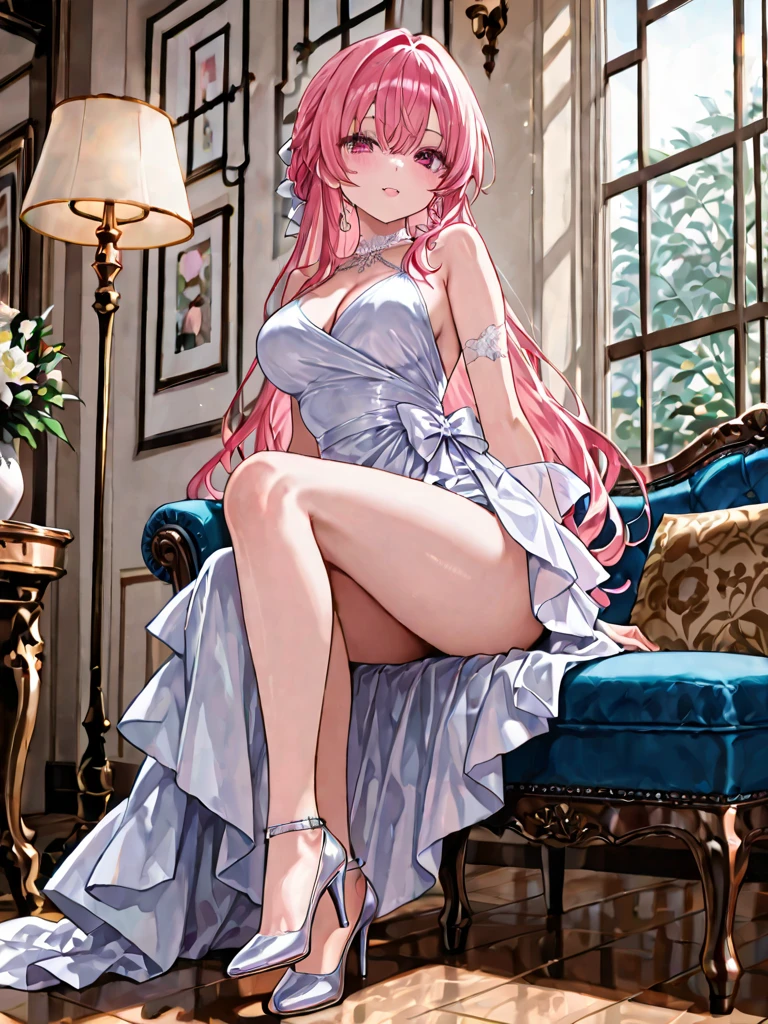 An elegant woman Lady Smiling Kindly Pink Dress Headband Big Breasts stockings Sit on the sofa