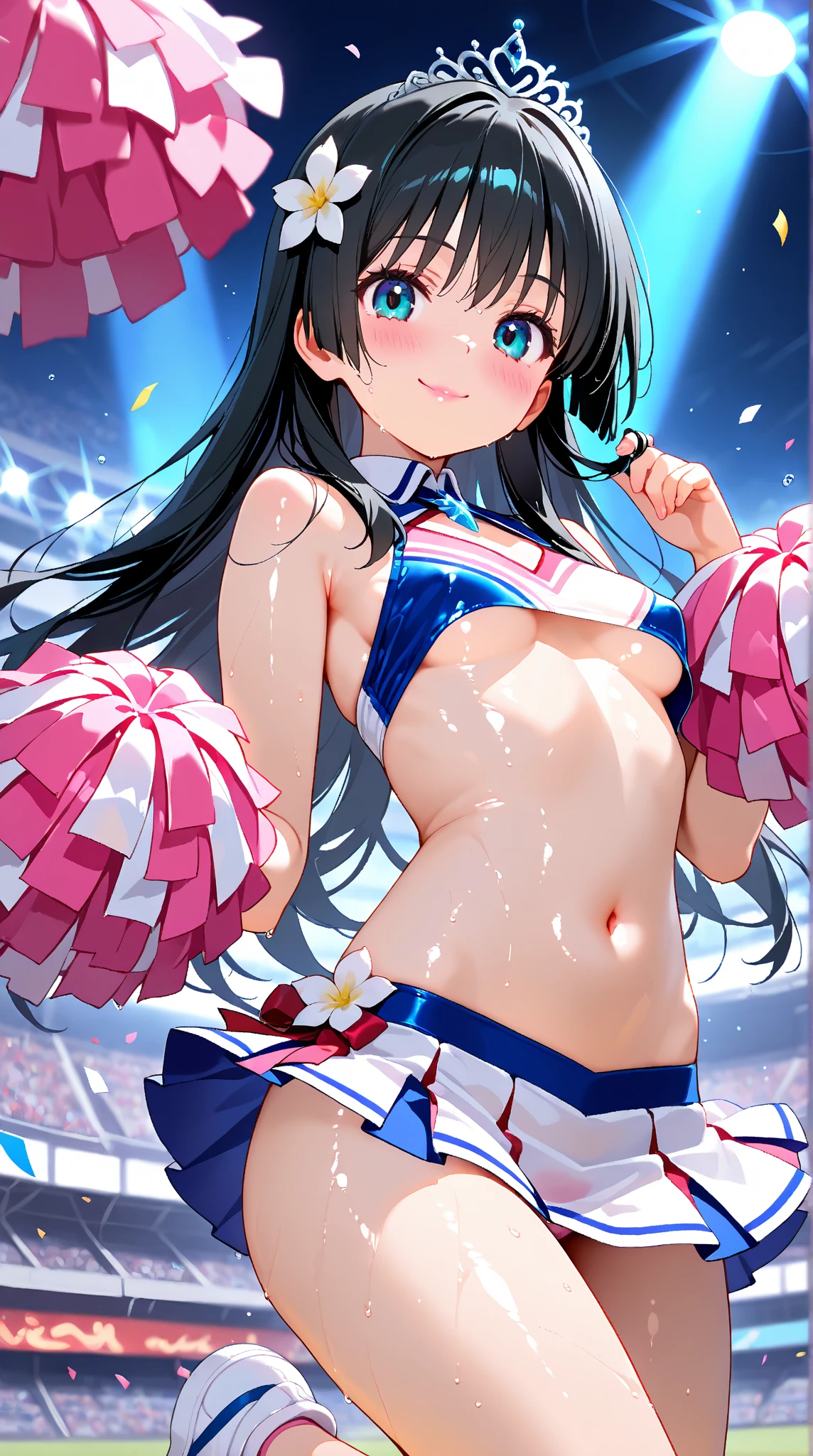 tubetops,Underboobs,ponytail,cheerleader, stadium, team spirit, pom-poms, enthusiastic, energetic, crowd, uniform, sports event, cheering, colorful, dynamic pose, happy, vibrant, teamwork, celebration, night game, lights, action