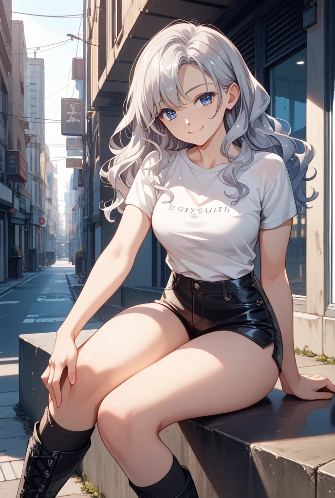 masterpiece:1.3、ultra high resolution:1.3、8K、woman、solo:1.3、big breasts、The style is very good.、White-silver hair、light blue eyes、sitting、ponytail、cropped shirt、sneakers、skirt、outdoor、Light pointing、apartment、city、smile、blush、real moist skin、Stuffy、wet