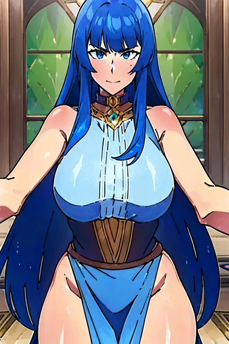 a sexy girl, beautiful, beauty, light blue hair, her big round blue eye, light pink lip, she wears a sleeveless white shirt, shows her navel and a long blue skirt, black heels, her hair is wearing a pussy, she climbs a volcano, Hawaii island, she climbs a mountain, jumping, she finds a blue diamond sea crown. shark teeth she look crown