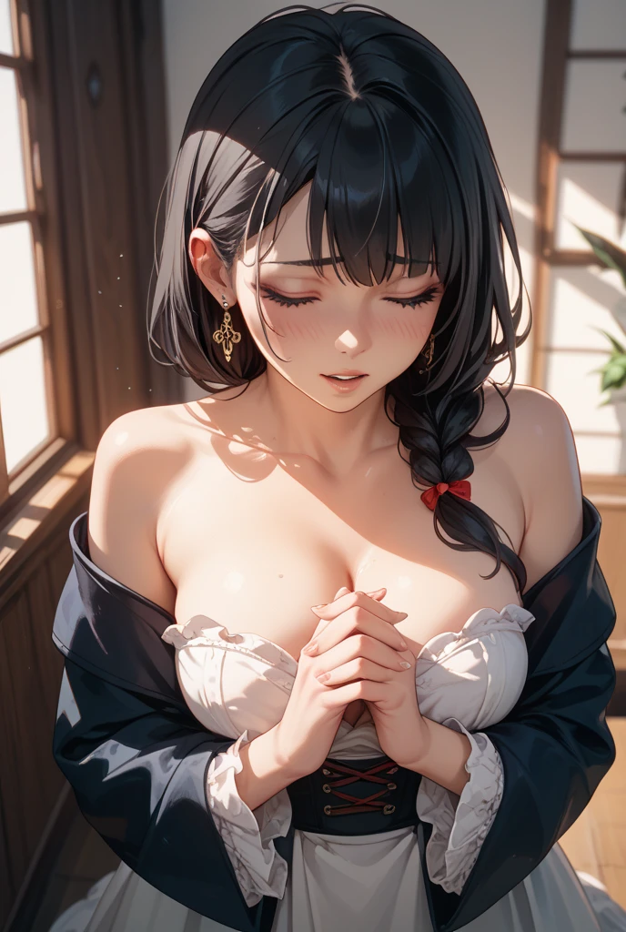 Woman breastfeeding invisible baby for nourishment as it grips on to her nipple on her exposed breast in the center of her areola suckling breastmilk for nourishment. Without any hands in the way of the baby and its food source so it can nourish itself.