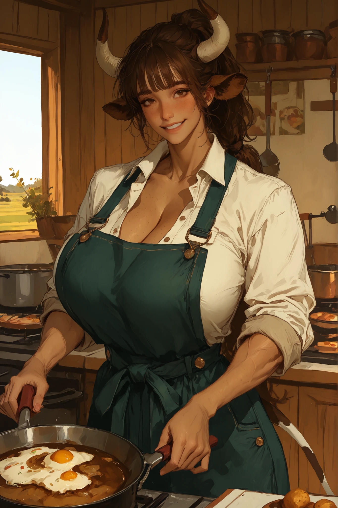 Realistic 30 year old European woman, full body, seen from below, view from below, Close-up below, brunette skin, slight smile, half open mouth, thick lips, powerful weapon, wide hips, medium red hair, shoulder height, spiked, white hat, face freckles brown eyes, slightly rounded nose, sweaty body, Beige work overalls, be familiar with, Stained with paint, belt, buckle, Wearing thick, dirty gloves, Work gloves, No bra underneath, No bra, big breasts (tits), chest that swells, tired, rest after a day's work, sitting at a wooden table, feet in the air, sway, paint cans on the table, toolbox, Bottle, cup, pile of bricks, Metal beams, perfectly cut wood, outdoor scenery, sunny day, rich in details, Shadow, light, contrast, realistic、camel toe、huge tit、nipple puff、cleavage、