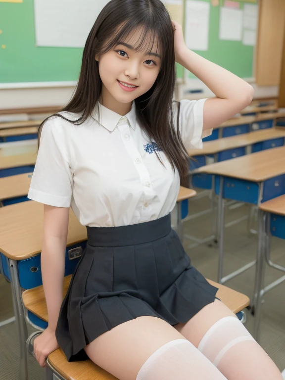 Two junior high school girls、Student uniform、In the classroom、In the classroom、Black Skirt、White shirt、Black Hair、Asian、10th Generation、Two people lined up、Sexy white panties、Skirt flipped up、Cute smile、Large Breasts、bangs、Inner thigh pose、Please hold your crotch with your hands、School in Japan 、Nogizaka Idol、Korean Idol、Invite you inside、((Inviting eyes))
