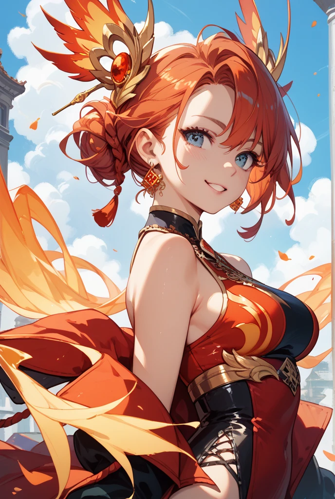 masterpiece, highest quality, so beautiful、up to date、girl, Orange Hair, short hair, Golden Eyes, Olga,tooth, A defiant smile, Asian fantasy pink costume、Bollywood、Bold Pose、Hands open、dance、ado、Sing、Rose pink outfit
