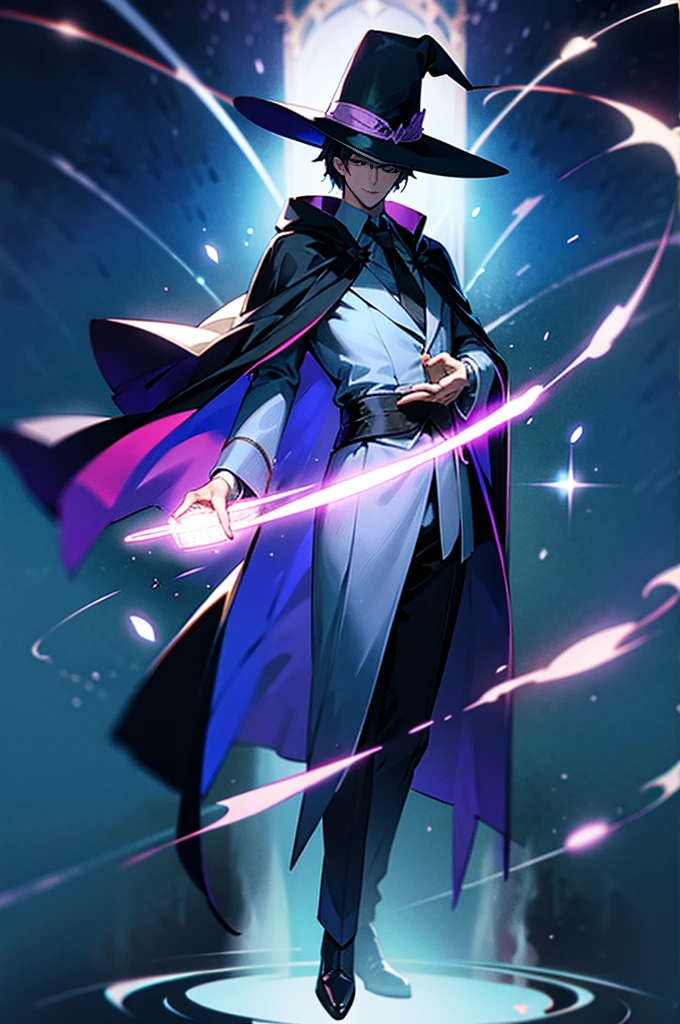 naughty man, man, boy, magician, short black hair, white robe, black jersey, magic sword