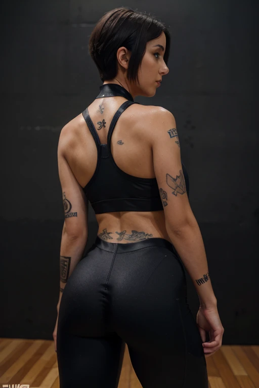 a woman wearing black leather pants and a bra top, images on the sales website, instagram model, latex skin, asian beautiful face, back breaker, thick bow, latina skin, open back dress, unreal maya, official store photo, her back is to us, black sweatpants, trending on cgisociety, mma