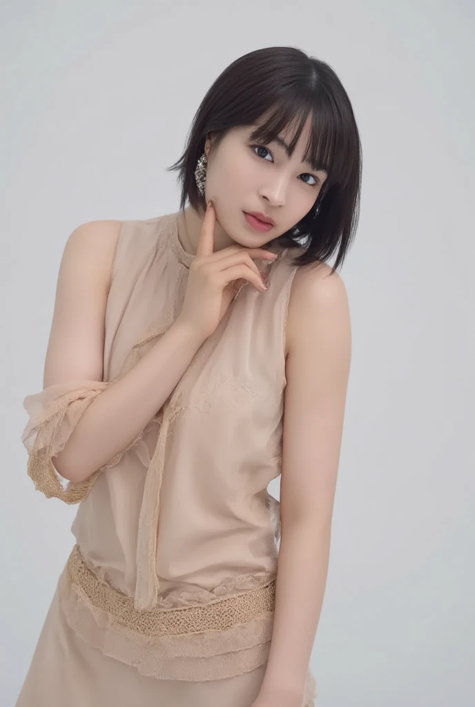 (Black Shorthair:1.2), (a 20 yo woman), (A hyper-realistic), (masutepiece), (8KUHD), Looking at the camera, jeans, (Animal print clothes), large full breasts, hairaccessories