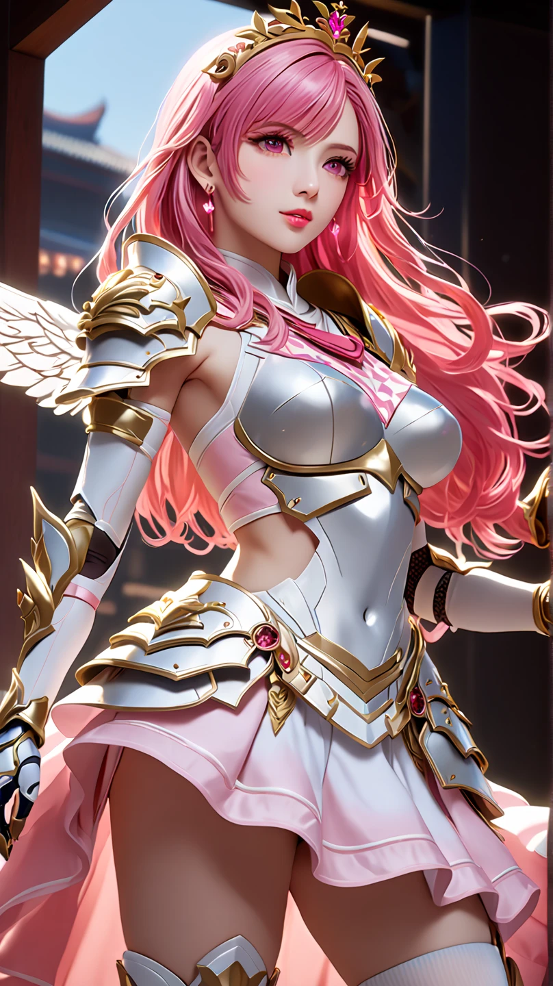 a sexy woman in a pink and white gold lotus lace armor skirt, epic and exquisite character art, beautiful armor, 极其详细的Artgerm, detailed anime digital art, girl in armor, cleavage big breasts:1.2, (mini-skirt:1,5)