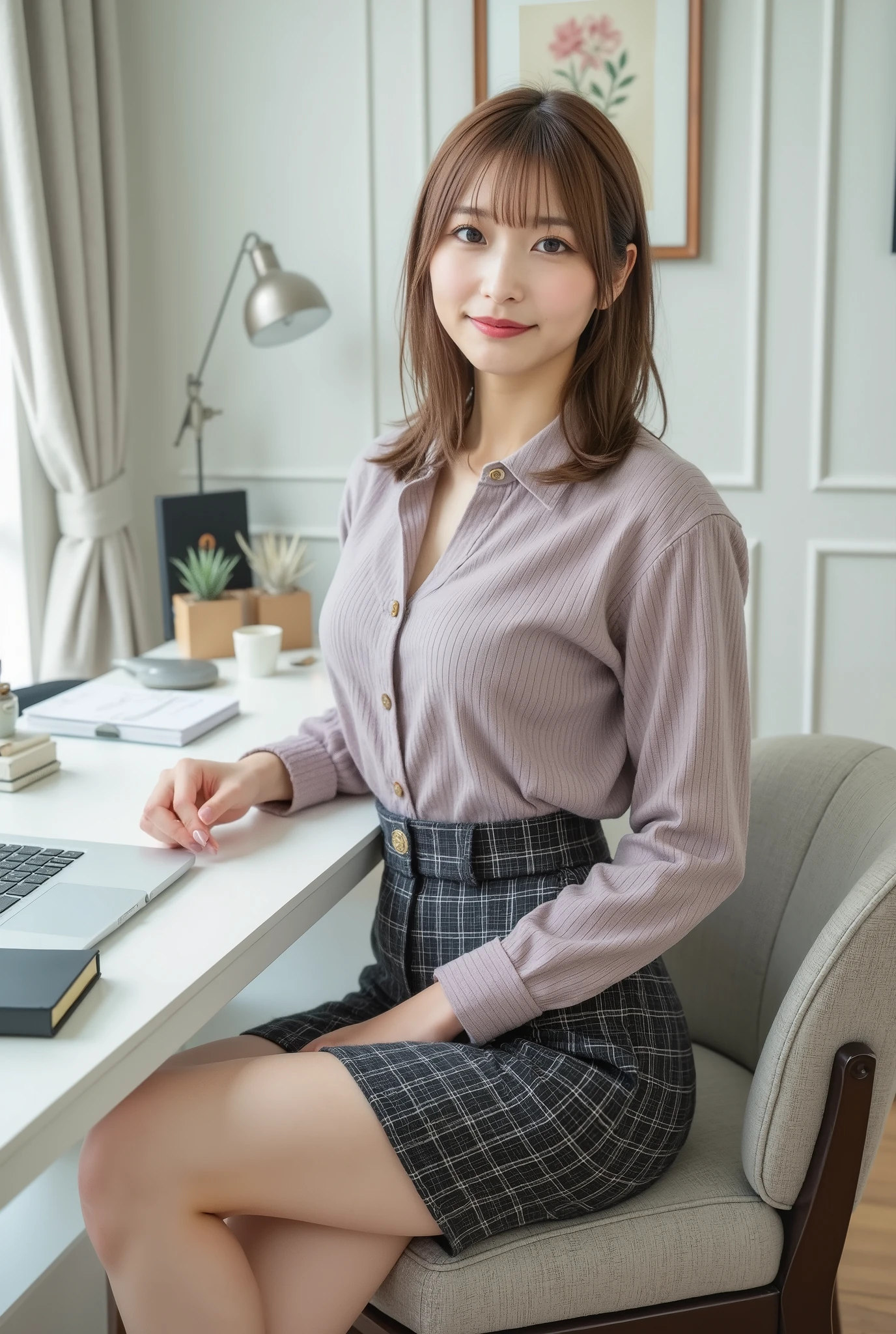 (Highest Quality、8k、Best Picture Quality、超A high resolution:1.5, (Photorealistic:1.4),masterpiece:1.2,(top-quality:1.4)、Raw photo)、woman working in an office、OL、(highlight your body line:1.1)、Portrait of a beautiful classy woman、THE MOST ELEGANT AND COZY OFFICE、THE MOST NATURAL OFFICE, Perfectly organized、The brightest light 、STYLISH ELEGANT AND ELEGANT OFFICE、 blurry background 、 look at me and laugh、super high resolution perfect and beautiful teeth、Ultra HD beautiful face、ultra HD hair、Ultra HD The Shining Eyes、The Shining, Super High Quality Beautiful Skin 、SUPER HIGH QUALITY GLOSSY LIPS 1 BEAUTIFUL WOMAN、INTELLIGENT AND CULTURATED BEAUTIFUL WOMAN、30 years old、beautiful and meticulous eyes、detailed face、beautiful skin、slender、thin legs、 beautiful feet、tight skirt、Glamorous Hairstyles:1.3、Bar staff 、smile:1.2、、1a japanese woman、Cute、 (RAW Photo:1.2), (photorealistic:1.4), beautiful detailed woman , very detailed eyes and face、hair that extends to the shoulders、shortcut hair、dynamic、brown hair、full body shot
