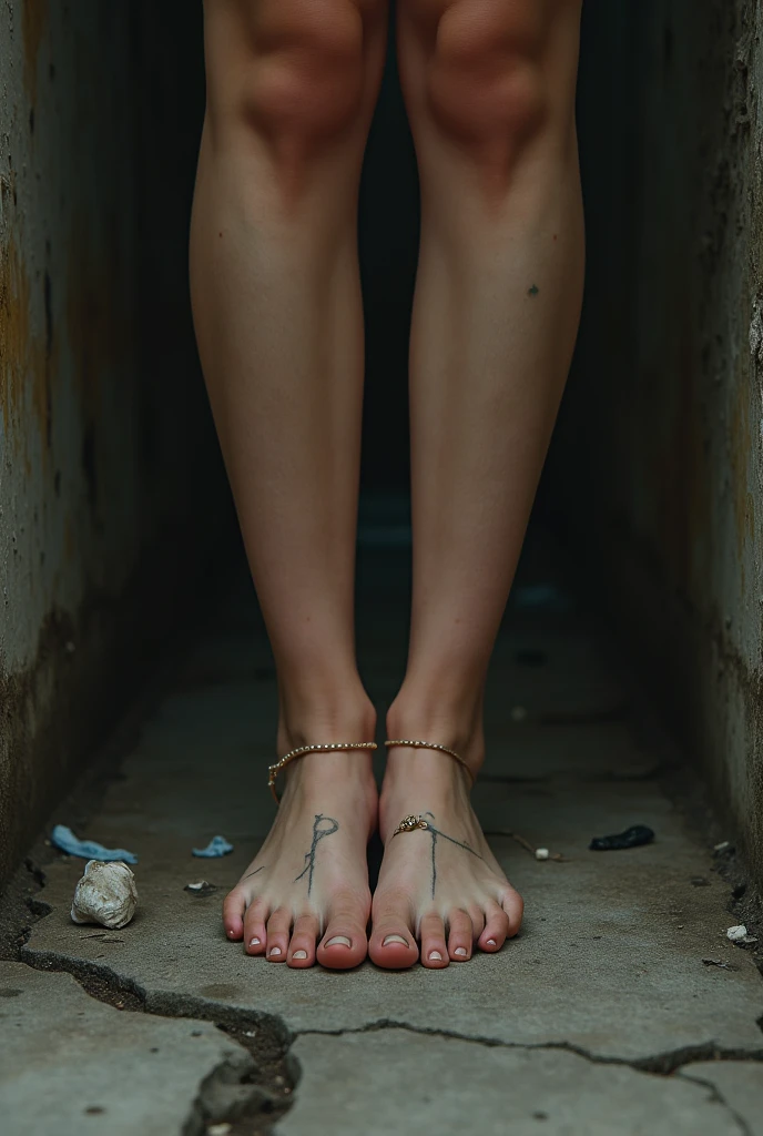 Woman tied hands and feet, after a rape 