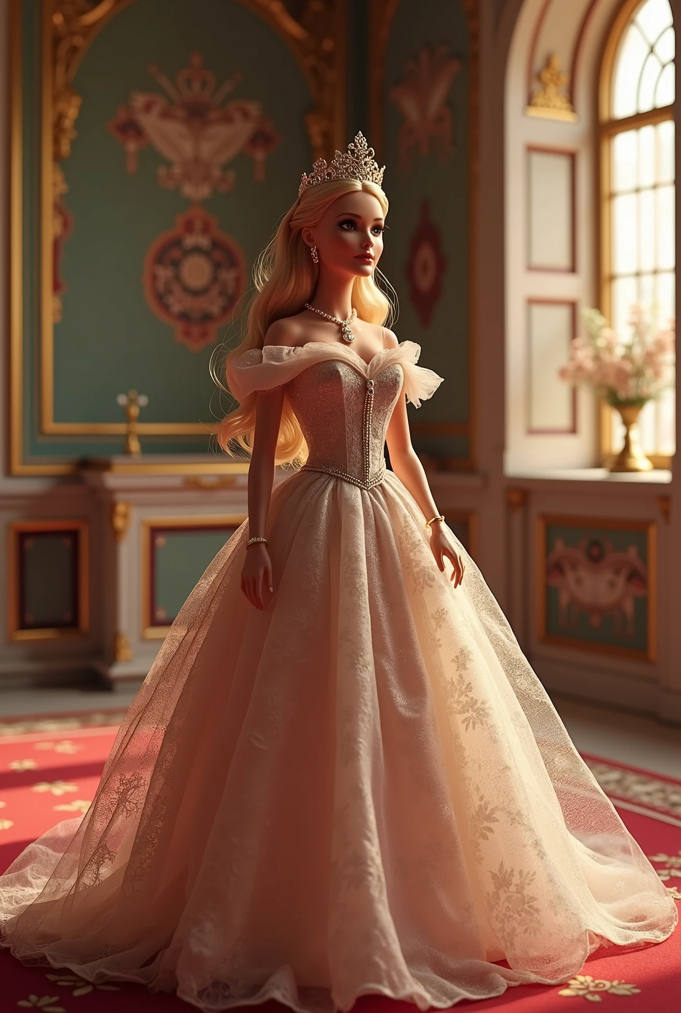 Create a scene featuring a Barbie doll in a landscape that depicts the portrait of Barbie as a queen. She is adorned in an elegant gown, complete with a tiara and jewelry. The setting should be within a palace room, exuding a heavy, noble, and graceful atmosphere with delicate details.
