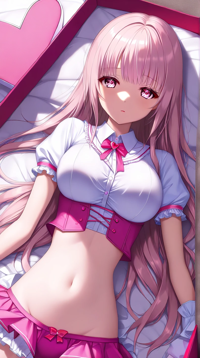 Beautiful illustration、top-quality、Cute little girl s、Bedroom、A pink-haired、long whitr hair、(((Pink pleated skirt)))、(((Pink sailor suit)))、short- sleeved、huge tit、a navel、Turn up the skirt with your hands、showing white panties、Pull up the skirt，The reveal panties、Bare legged、eBlue eyes、on top of the bed、Lovely thighs、glowing thigh