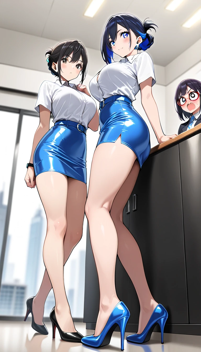 officeworker, Two women in uniform, Lesbian couple, Tall and thin, Beautiful, graduate, classmates、Company Office、the kiss、Peel off your clothes、Touching the crotch、Wear a competition swimsuit under the uniform、Two metamorphosis、White pantyhose