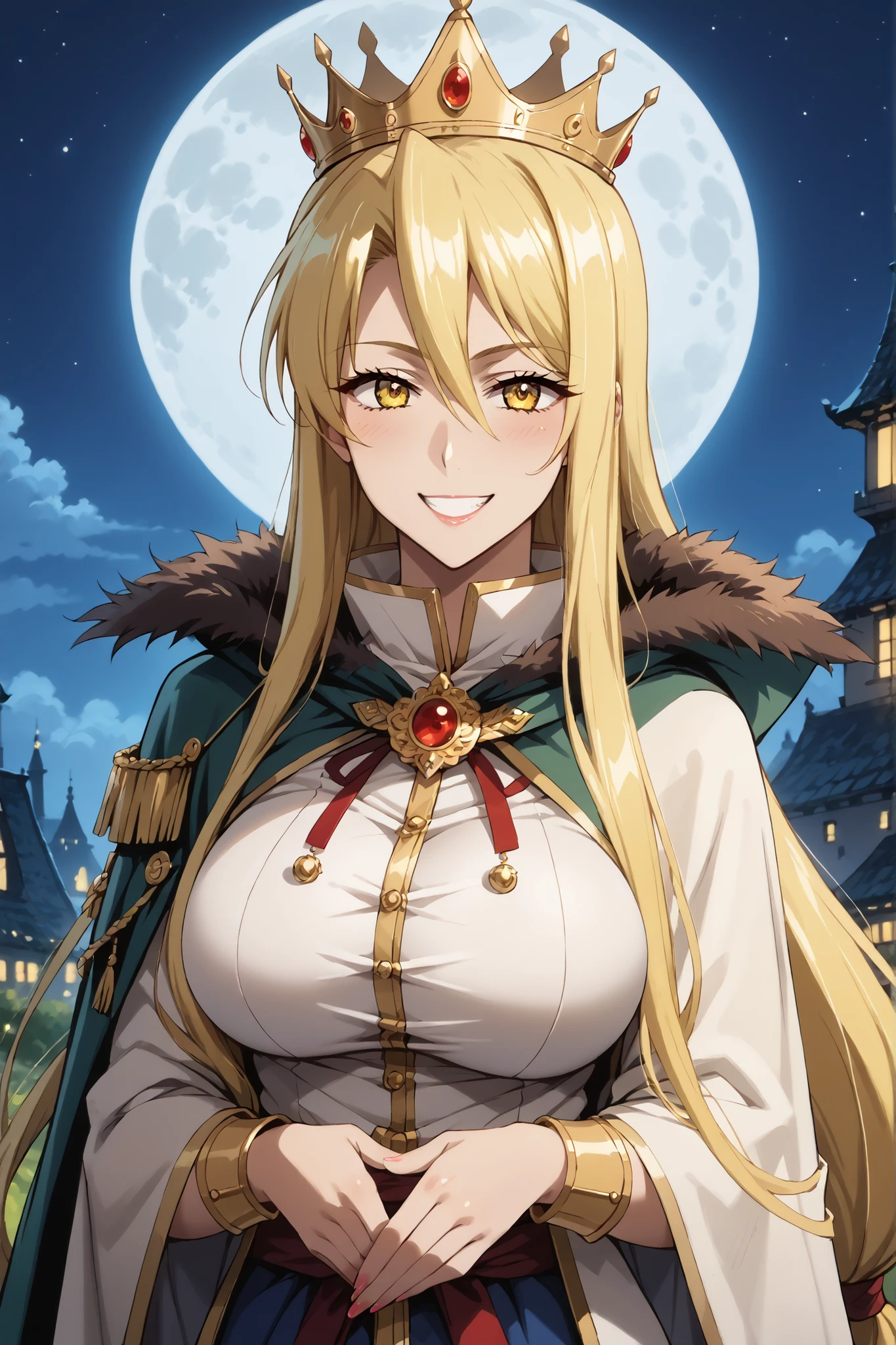 score_9, score_8_up, score_7_up, source_anime, 4K,perfect fingers,(perfect hands, perfect anatomy),prefect lighting, very aesthetic, intricate details,highly detailed background, masterpiece, high quality, best quality,
shizuka marikawa, long hair, blonde hair, very long hair, low-tied long hair, yellow eyes, hair between eyes, smile, large breasts, mature female,
wearing ((Royal clothing,Fur trimed cloak,crown,(Revealing clothing:0.6), )),,
Full moon, night, outside, outdoor, evil grin,