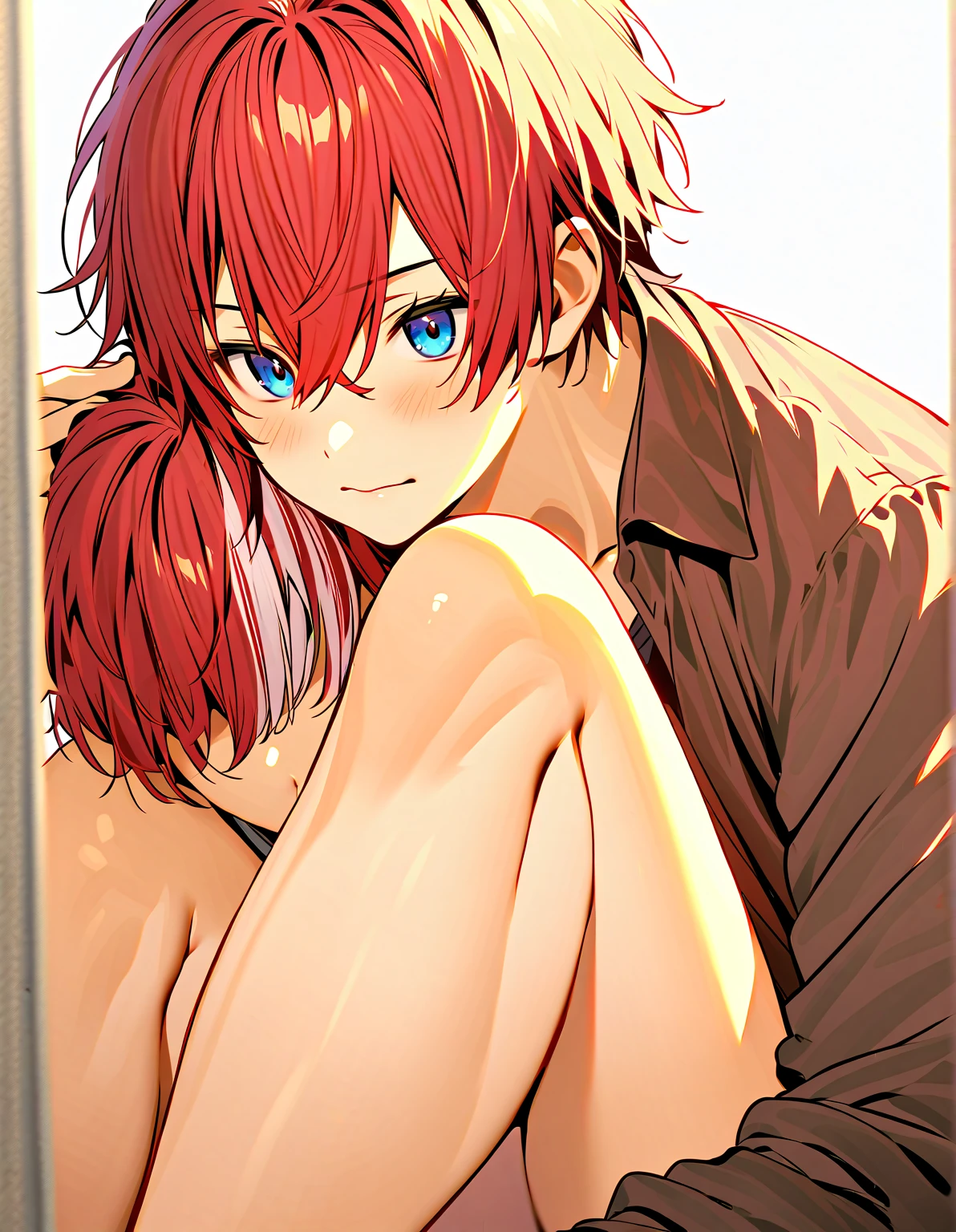a boy, shy, full body view, skin fair, Kale, red hair (kinda dark) and messy ones that hit the shoulder, Eyes looking down, head down, mouth covered with a gag, arms shrinking, femboy, fluffly, pouting, being penetrated from behind by a man, anal sex, pulling his hair, cum dripping from his dick, tearsjando