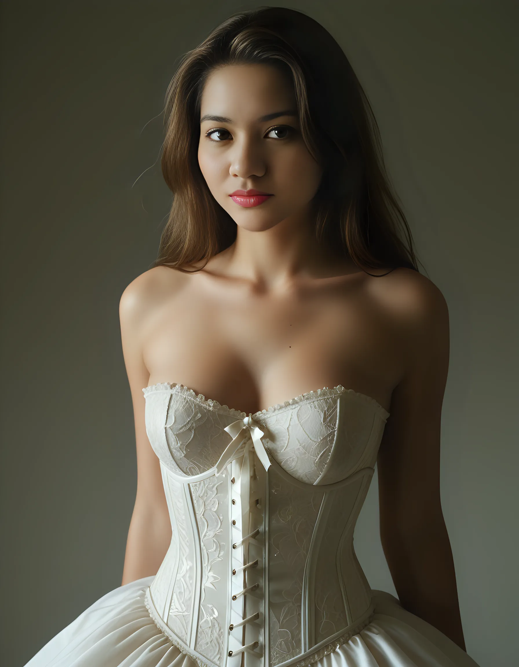 best quality, Masterpiece, Ultra high resolution, (realistic:1.4), raw photos, 1 girl, look at viewer, delicate complicated lace corset, film, best shadow, complicated, depth of field, long hair, messy hair, big breast, (((low voice, Dark scene, The light is dim. ))), white skin, (dynamic gesture:1.2), dark background, (full body:0.6)