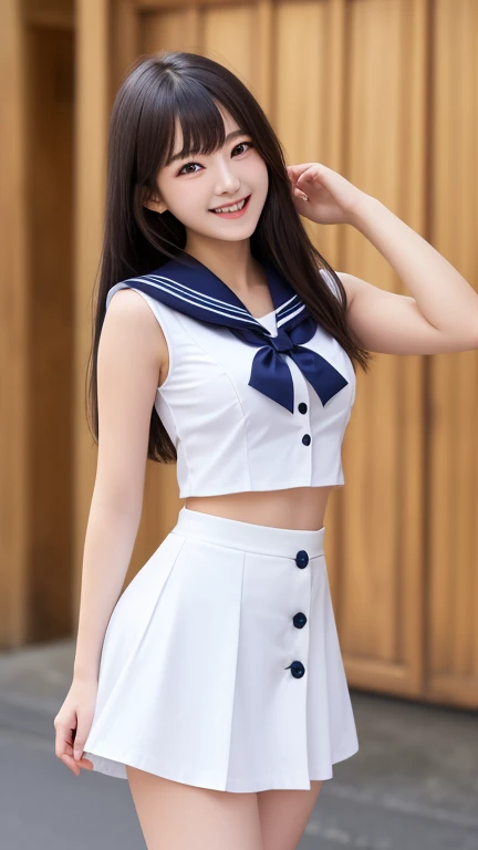 top-quality,ultra-detailliert,masterpiece,realisitic,Photo Real,Bright lighting,1 girl in, an extremely beautiful 17-year-old girl, (kawaii:1.2),Thin smile, (Brown eyes),(brown haired),(bangss),perfect glossy skin,flawless skin,((erotick,Sexy and sexually explicit)),((accurate hands without incongruity)), large full breasts,big breasts thin waist, Look at viewers,((a sailor suit)),((Short sleeve uniform white shirt)),(red necktie),(Blue Mini Pleated Skirt),(((skirt lift by yourself))),(lifted by self),(Showing panties),panties on,panties focus,((Sit up,spread legswide)), sockes, (Black knee socks),(Loafer shoes), during daytime,On the train,Horizontal long seat with your back to the window
