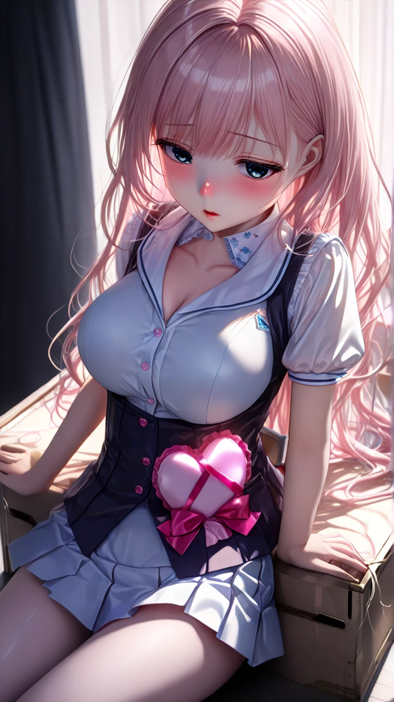 tmasterpiece,best qualtiy,1个Giant Breast Girl。(校服:1.2),long white hair,blue color eyes,(Classroom:0.8),(the sunset:0.7),(Oversized breasts:2.0),(Seductive expression)