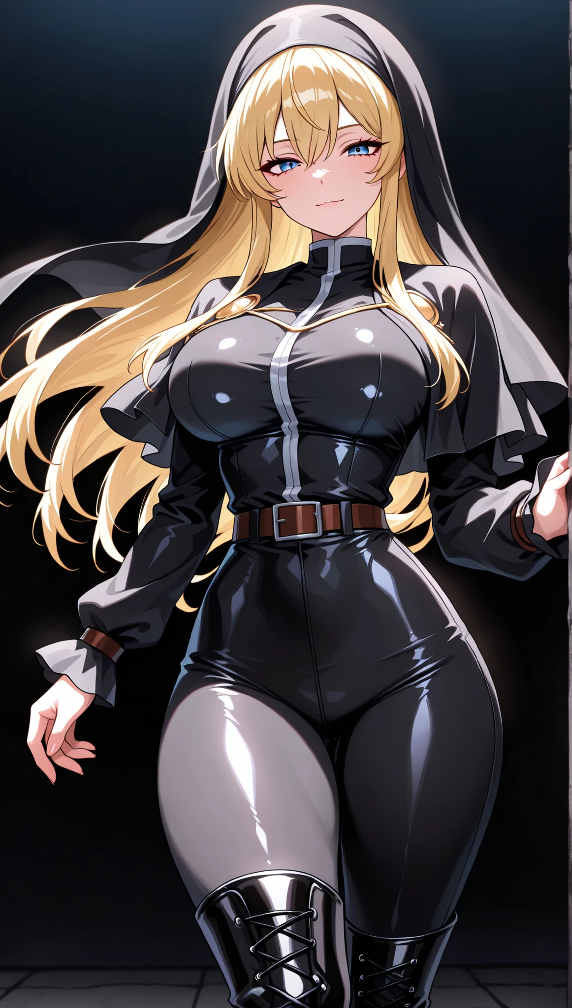 A blonde girl, pretty girl, standing, wearing black leather crop top, wearing black leather pants, wearing white long overcoat, wearing a cap on head, pretty, blonde girl, full view, beautiful