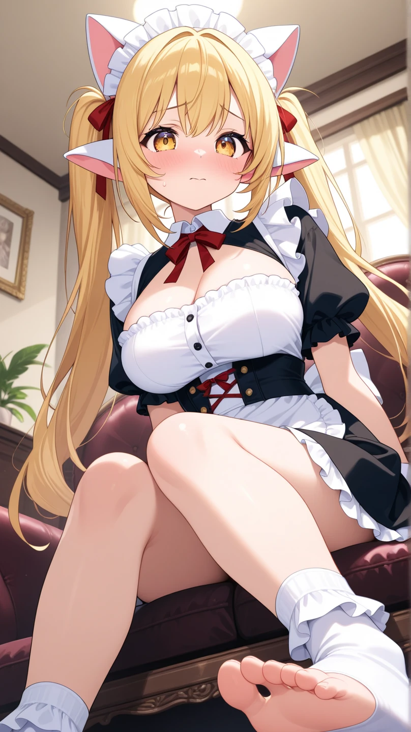 Male genital insertion,missionary position,Vaginal ,Blonde twin tails,Pink ribbon hair clip,Pink eyes,Big Breasts,Baby Face,See-through pink maid bikini,bed,Leg spread