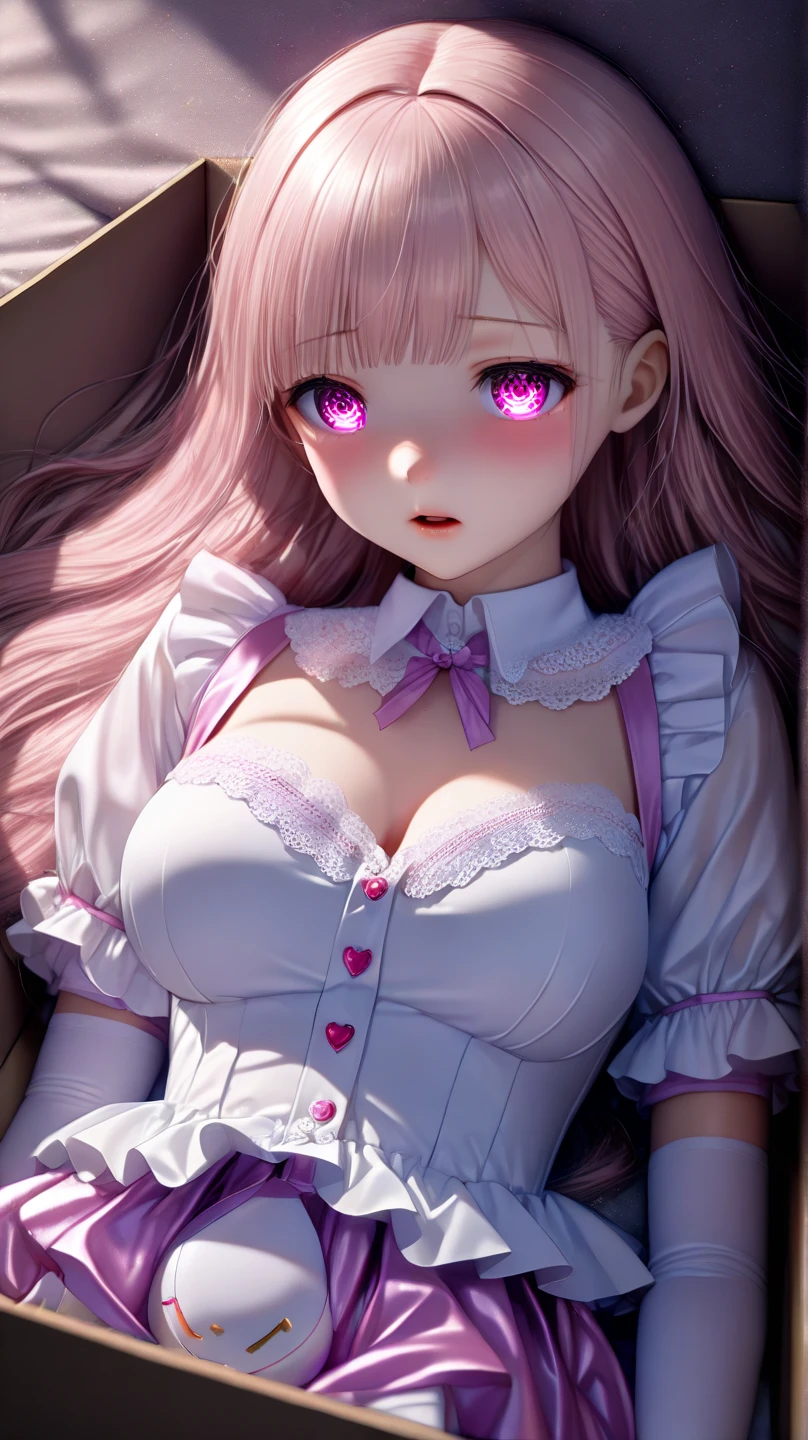 4k, long hair,Lens flare, pink hair, god rays, 4k, 8k, best quality, masterpiece, hyper detailed, intricate detail, 1girl, solo, detailed, Detailed fuschia hair ++, detailed pink eyes ++, raytracing, perfect shadow, highres, enhanced eyes, huge breasts, detailed background, huge breasts,, evil smile, narrow eyes, narrow eyebrows, , naked, completely , detailed danger bikini, on the bed, kneeling on the bed, twin tails, pink bedroom, hearts, sparkles, kawaii bedroom, plushies in the background, cushions,mature, evil