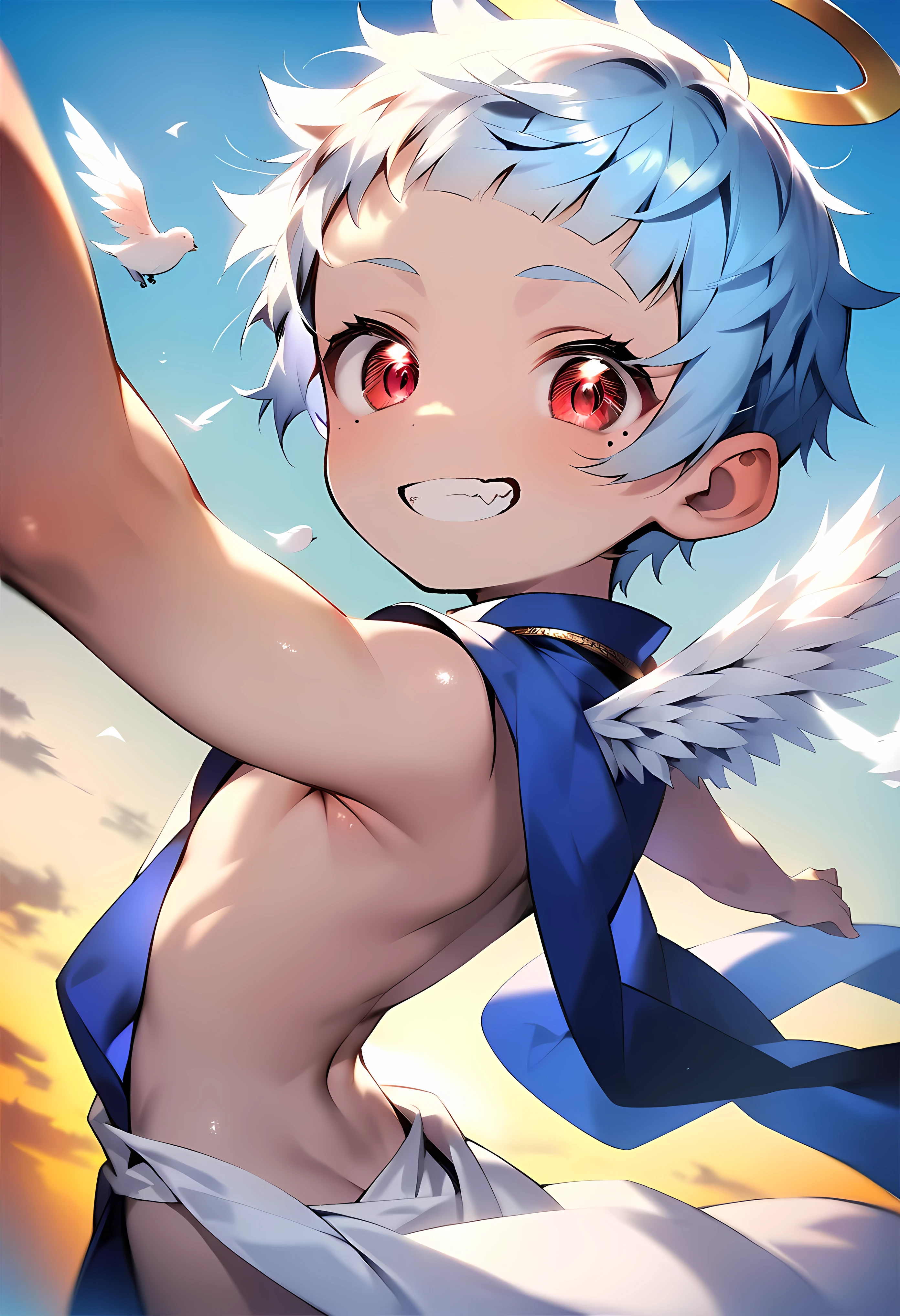 (solo:2), (boldline:-1.7), (dance pose:1.6), (arms up:1.4), (arched back:1.1), (rainbow:1.5), (twin angel wings:1.8), (halo on his head:1.3), (on rock:1.5), (musical notes:1.5), (((fang))), (((best finger))), (((best arms))), (((best hands))), (((best legs))), BREAK (best quality:1.5), (absolutely resolution:1.4), (ultra detailed:1.5), (masterpiece:1.5), (perfect face), (detailed face), (detailed eyes), (best eyes), (cute face), (shota:2), BREAK (topless:2), BREAK (white loincloth:1.5), (bulge:1.6), (skinny:1.3), BREAK (light blue hair:1.5), (spiked hair), (wine red eyes:1.4), (eyes with highlight:1.6), ((mole under eye)), (sweaty skin), ((earrings)), (smiling), (chuckling:1.5), (shiny skin:1.3), BREAK (top of hill:1.5), (grass:1.5), (blue sky:1.5), (((frontlight))), ((wind blowing)), ((nipple)), (abs), (groin), armpit, from below
