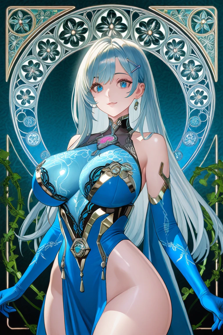 An anime-style artwork depicting ruan mei from the game Honkai star rail. Tags: ruan mei, anime, detailed eyes, detailed lips, (golden armor, smiling expression, intense gaze, glowing emblem on hand, dynamic pose, mystical background, vibrant colors, digital art, high-resolution, professional quality, gigantic breasts, (underboob : 1.4), curvy, cowboy shot, (gigantic breasts: 1.4), (blue eyes: 1.4), (light blue hair: 1.6)