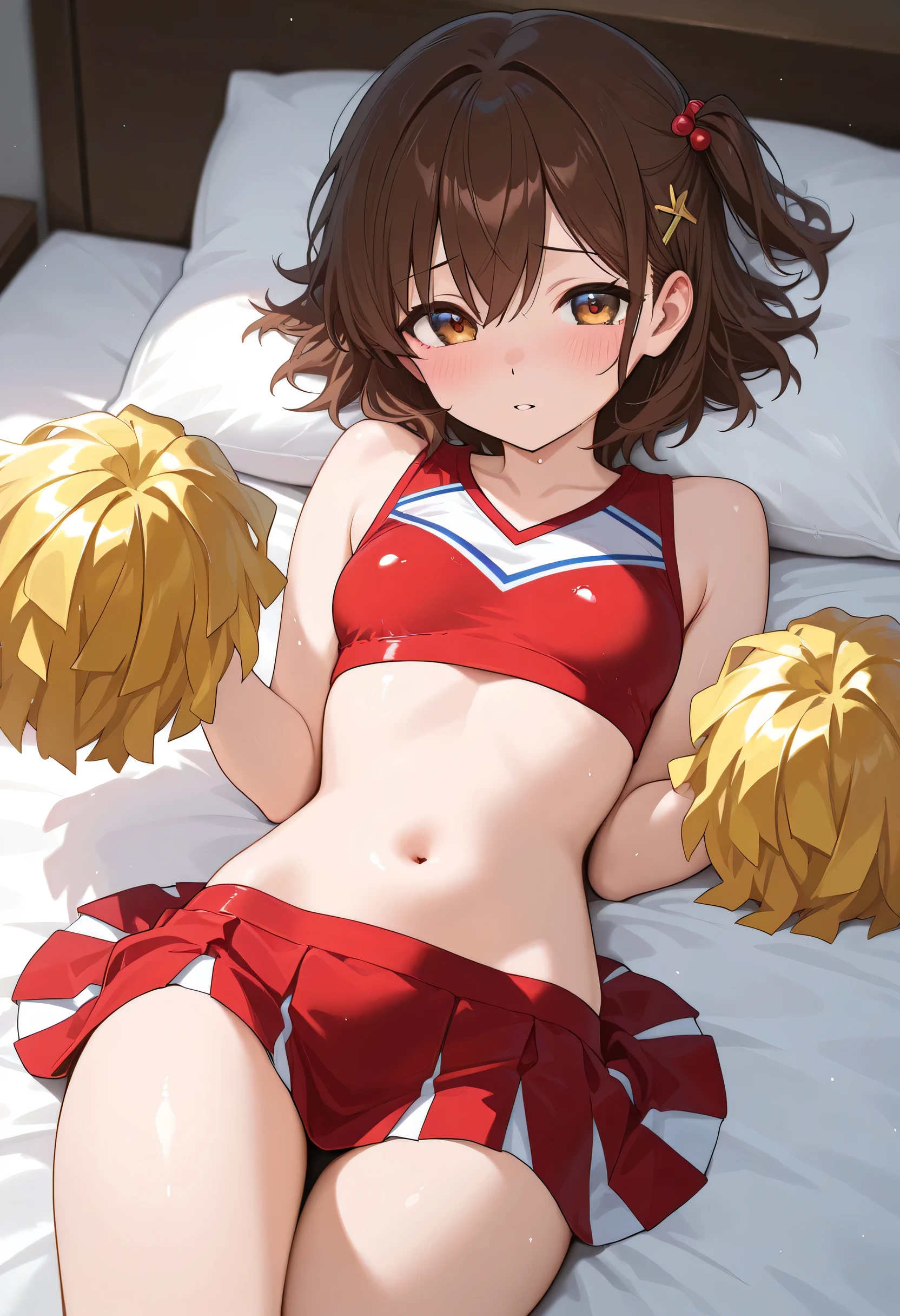 Beautiful anime girl small breasts in a cheerleading outfit on the in the bed in a sexy pose 