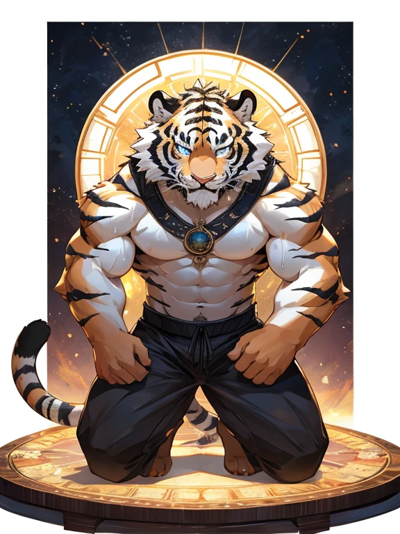 The twelve constellations of Sagittarius Tiger, naked upper body, muscular and hairy, majestic （Golden Eyes）The majestic and serious face, meticulously hung with Buddhist beads, huge muscles, ripped abdominal muscles, the tiger is in the heavenly palace