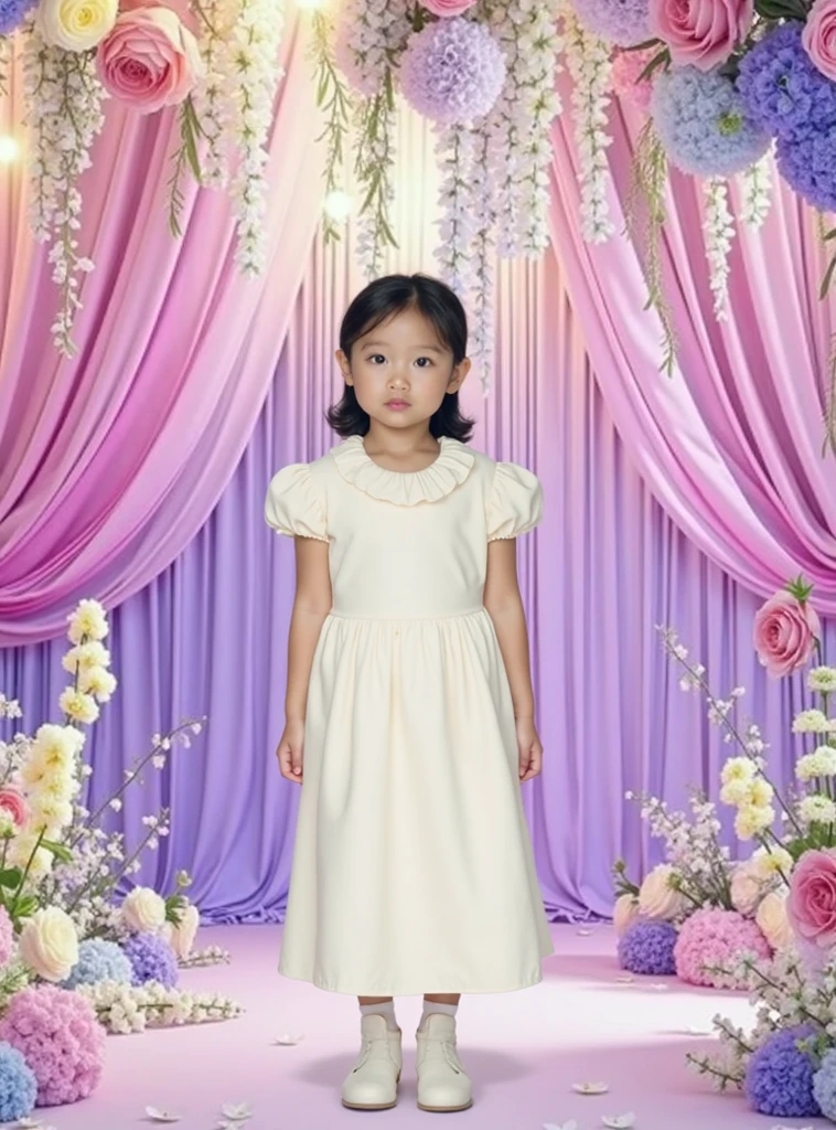 7 year old girl, Asian, wearing a elegant dress, in a dinner room