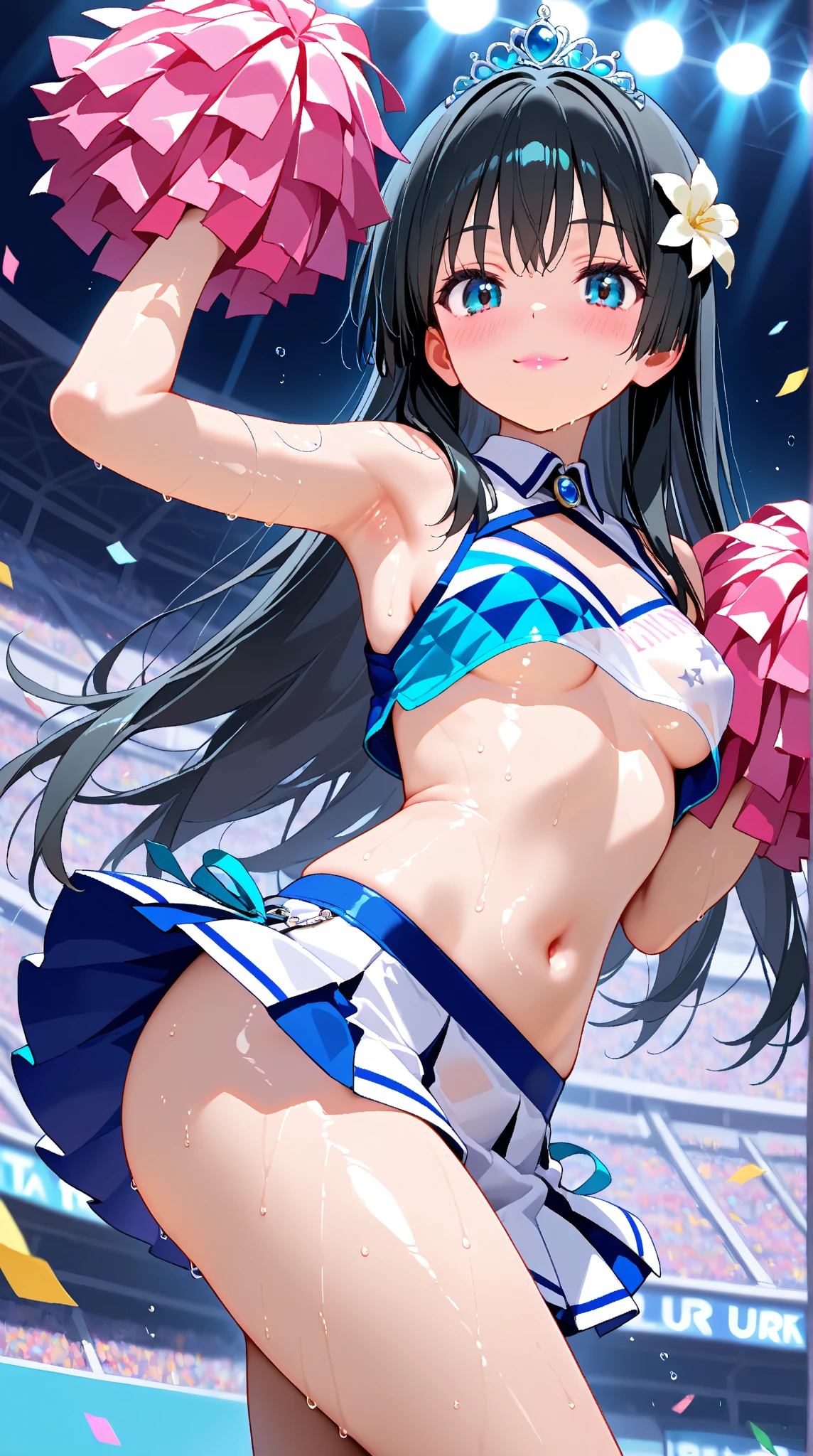 (masterpiece)、(highest quality)、(Completely naked)、(open legs)、(cheerleader)、(bright background)、(10 year old girl)、(1 person)、luster、small breasts、blue eyes、twin tails、black hair