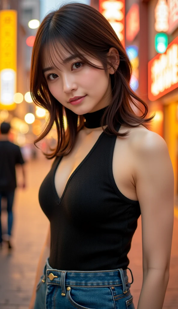 1girl, Tokyo street,night, cityscape,city lights,upper body,close-up,smile,, (8k, RAW photo, best quality, masterpiece:1.2),(realistic, photo-realistic:1.37),