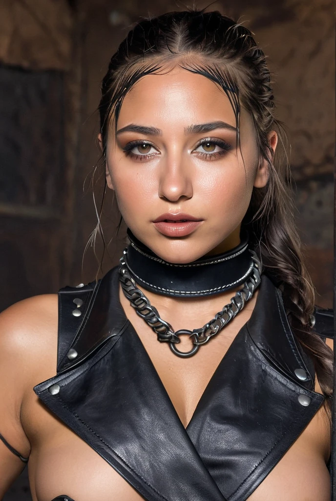 8k,Best Quality, Masterpiece, ultra high resolution, (photorealistic:1.4), photo and gross, (Genuine leather texture:1.3), (film grain:1.3),1 girl,beautiful detailed golden eyes and face,Masterpiece, Best Quality,full body photo, visible breasts and waist, deep neckline, clear skin , big D cup breasts, with a cold attitude and cat ears decoration on his head.