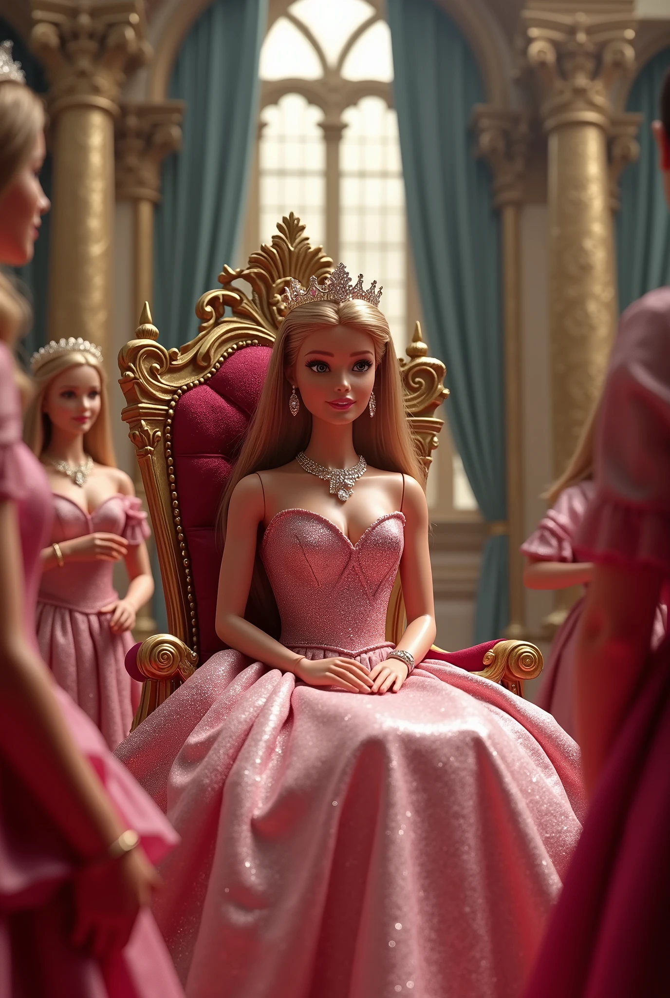 Create a scene featuring a Barbie doll in a landscape depicting Barbie's coronation, where she sits on a throne and places a tiara on her own head. She is dressed in an elegant gown, adorned with a tiara and jewelry. The setting should be within the most prestigious room of a palace, exuding a heavy, noble, and graceful atmosphere with delicate details, surrounded by loyal subjects in attendance.