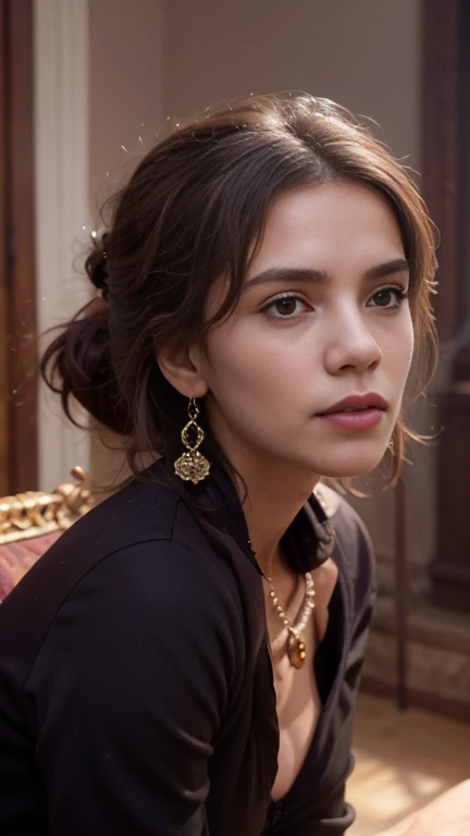 A time travel fine art portrait photograph to 15th century Spain featuring a stunning woman with dark hair styled in an intricate updo adorned with pearls and flowers, dressed in elaborately tailored, sumptuous clothing for 15th century Spanish fashion, set against an ornate, luxurious backdrop with velvet draperies, marble floors and fine furniture evoking a sense of sophistication and elegance, with a frontal, close-up composition highlighting her face, large, bright, expressive brown eyes and gentle, enigmatic smile, all captured in a romantic, high fashion style, with impeccable attention to detail and presented in a high quality, high resolution photograph with a warm, soft focus reminiscent of Renaissance portraiture.