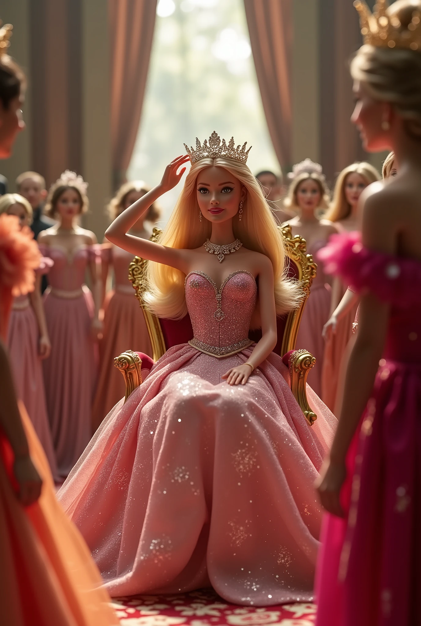 Create a scene featuring a Barbie doll in a landscape depicting Barbie's coronation, where she sits on a throne and places a tiara on her own head. She is dressed in an elegant gown, adorned with a tiara and jewelry. The setting should be within the most prestigious room of a palace, exuding a heavy, noble, and graceful atmosphere with delicate details, surrounded by loyal subjects in attendance.