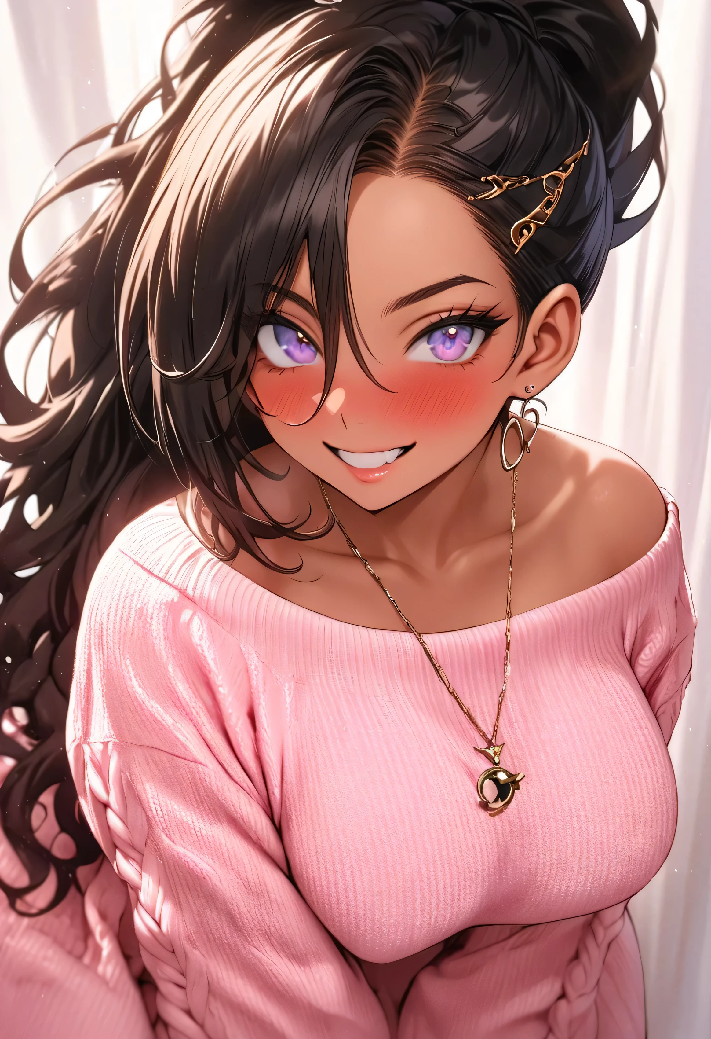 bela, (obra-prima:1.2), (melhor qualidade:1.2), olhos perfeitos, Rosto perfeito, perfect lighting, 1 , Look at the viewer, (ahegao:0.5), pose sensual、marrom、pele negra、 body muscles 、(foto completa)、((Moda feminina))、 oversized pink sweater with large neckline, vestido sexy , pele bronzeada , olhos roxos, Heir dark blue color , corpo sexy, esmalte preto, showing her unhas compridas to the viewers , fundo rosa, unhas compridas , ponytail hairstyle