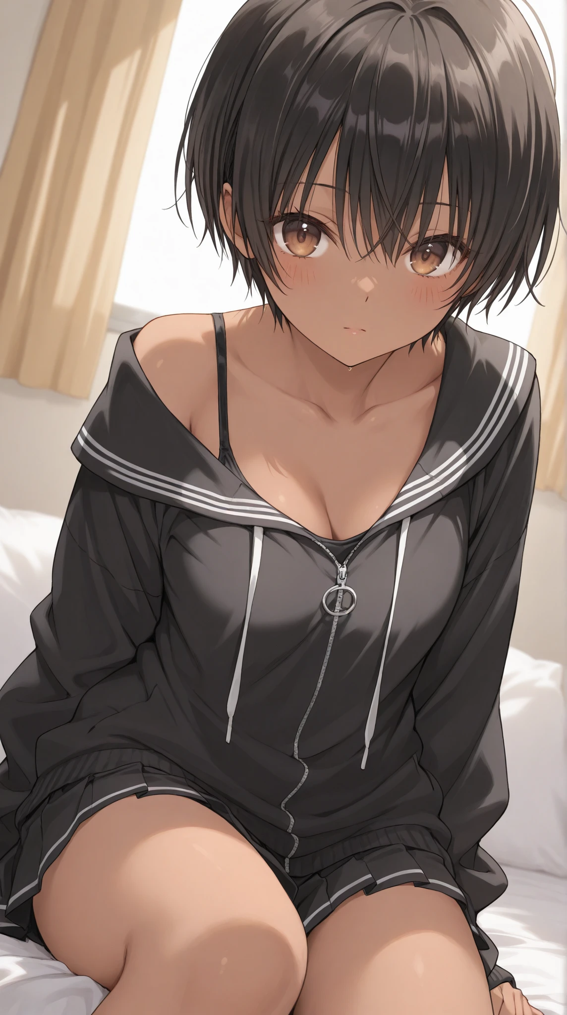 whole body, solo, alone, delicate facial features, medium tits, medium hair, black hair, tearful mole, earring, tracksuit, shorts, bed,