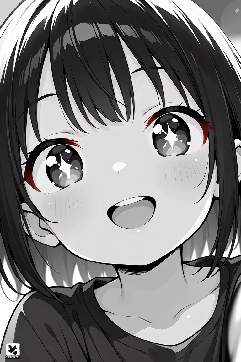 from above,face focus,open mouth,tongue out,cum on tongue,Hands under the chin,finger to mouth,lick,(1girl,Beautiful 16 year old girl),((Slender,Baby Face,Small face)),looking at viewer,looking ahead,look up,Black Hair,bangs,two side up,Gray Eyes,Drooping eyes,slit pupils,narrow eyes,Sexy off-the-shoulder,Beautiful and detailed anime art,Mischievous smile,Dimly lit room,Simple Background,Gray background,Low lighting
