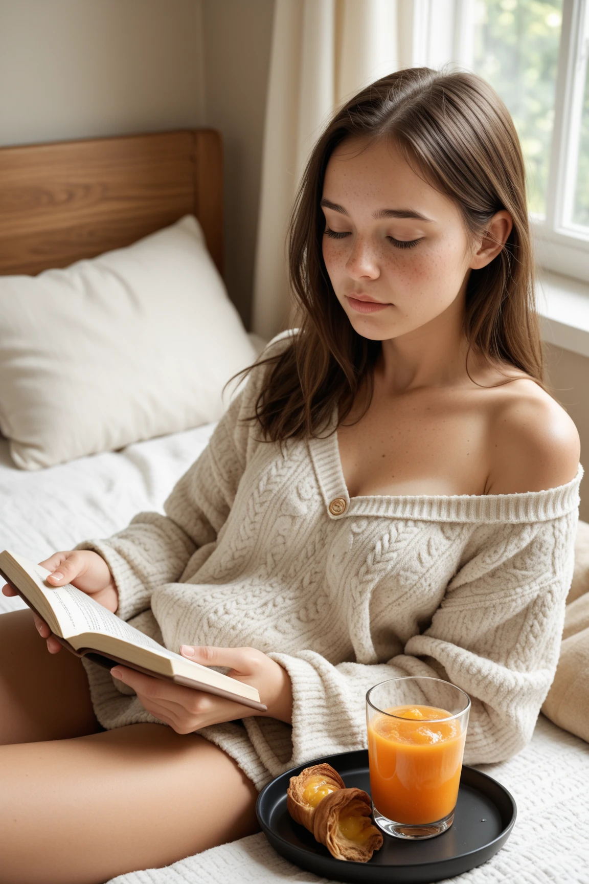 Photograph of a brown-haired woman reading a book in her bed, cuerpo delgado, pechos grandes 