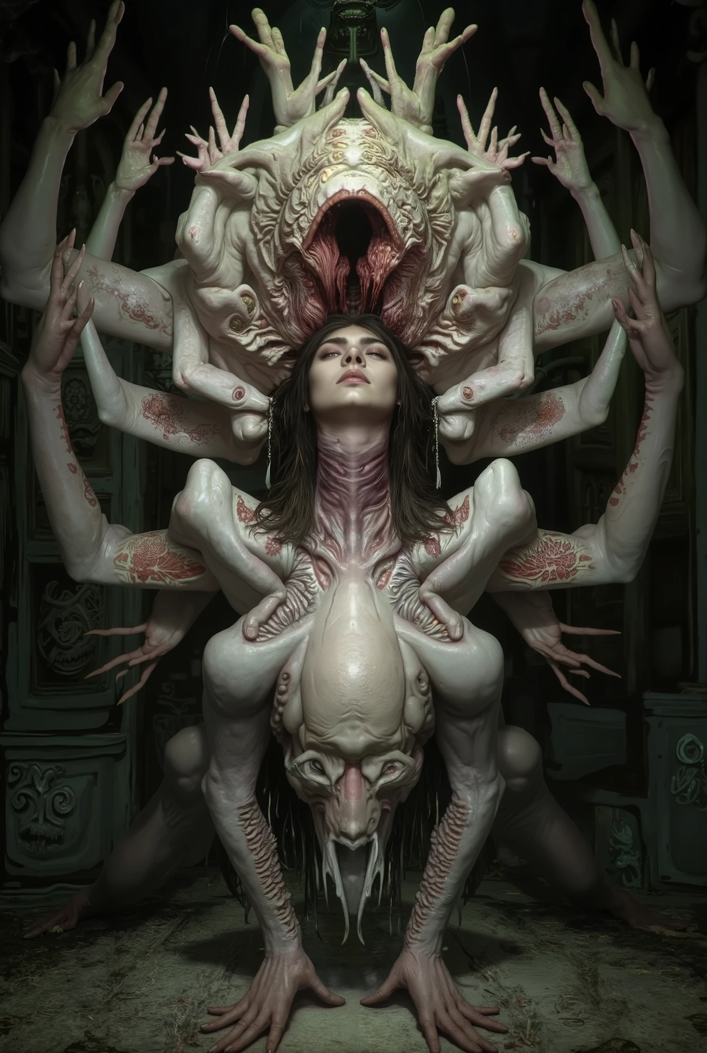 The terrifying monster Mozuma has a terrifying appearance with its outer skin and internal organs reversed, and its brain is visible from the outside. It is said that during the day it takes the form of a beautiful woman, but at night it spits out its internal organs from its mouth, turns inside out, and reveals its true form. Its favorite food is human, dark fantasy style, highly detailed and richly textured, decaying yet majestic, 4k HD, super realistic, professional-grade photos, vivid and colorful, exudes soft light and shadow, Extreme Detail,