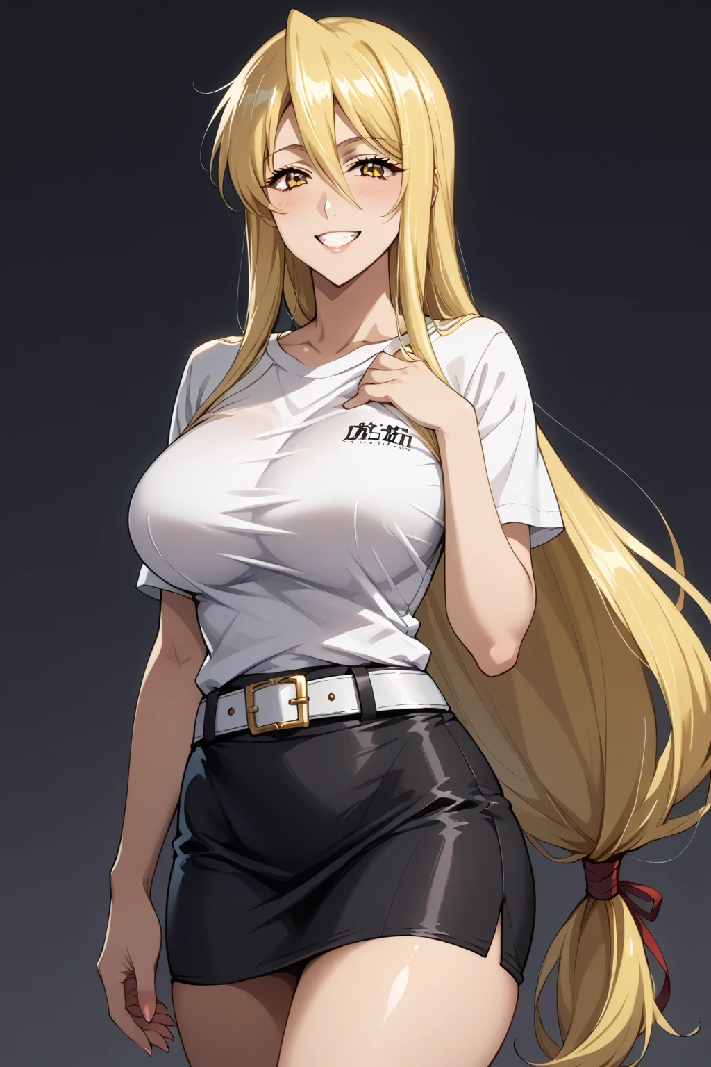 score_9, score_8_up, score_7_up, source_anime, 4K,perfect fingers,(perfect hands, perfect anatomy),prefect lighting, very aesthetic, intricate details,highly detailed background, masterpiece, high quality, best quality,
shizuka marikawa, long hair, blonde hair, very long hair, low-tied long hair, yellow eyes, hair between eyes, smile, large breasts, mature female, 
wearing (((t-shirt:1.2), midriff, white belt, miniskirt, Black skirt, thighs,  )),,
Dark gray background, evil grin,