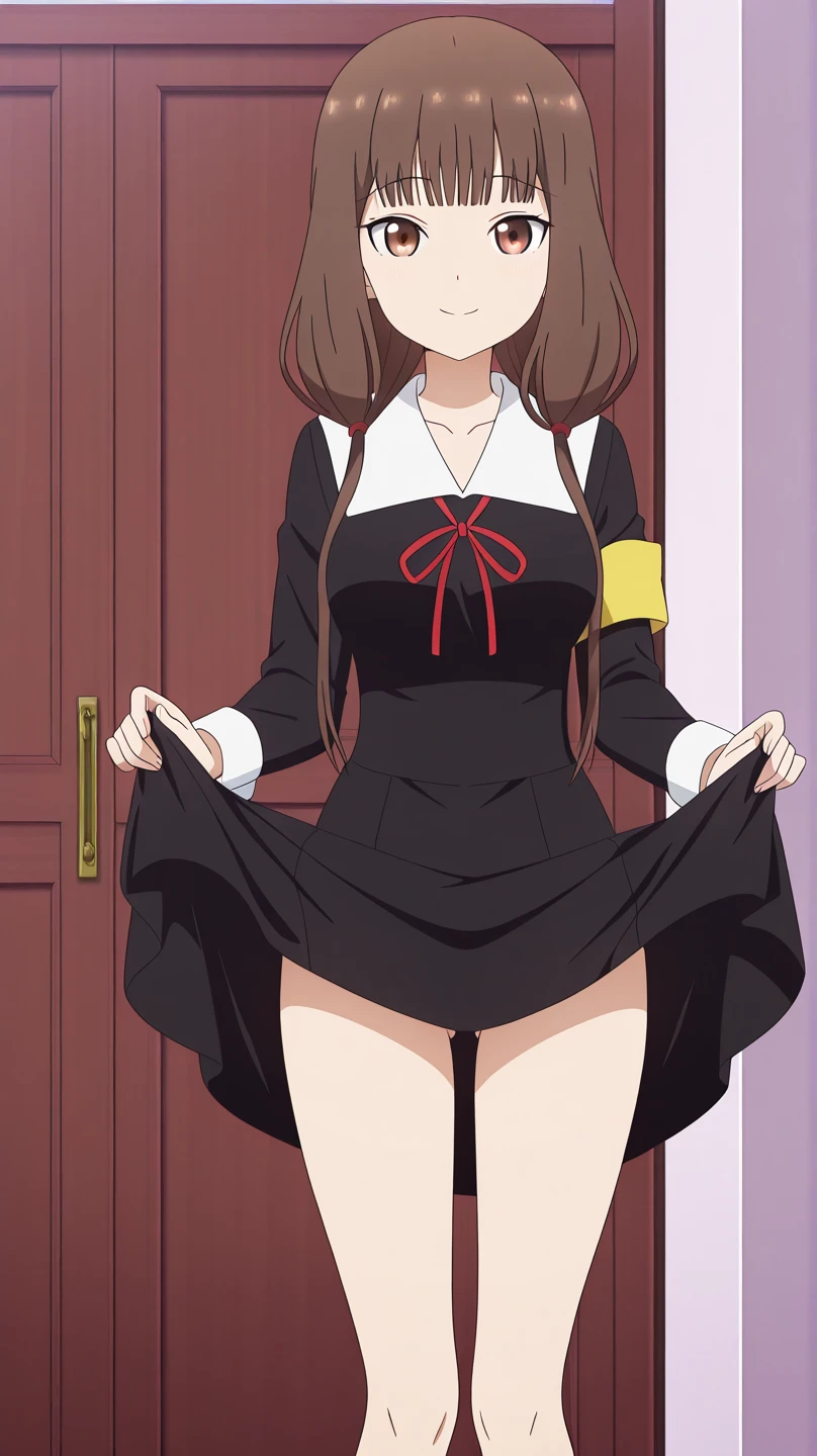 all intricate details, full body, a female anime anime character with large expressive eyes and black hair in a dark purple outfit, 1girl view, solo, virtual youtuber, ahoge, green eye, heterochromia, brown eye, open mouth, white background, breasts, simple background, braid, brown hair, upper body, hair ornament, looking at viewer, symbol-shaped pupils, star (symbol), blush, (wiz konosuba outfit),Wiz, brown hair, golden eyes, lich robes, purple lich robes, boots, hair over eye