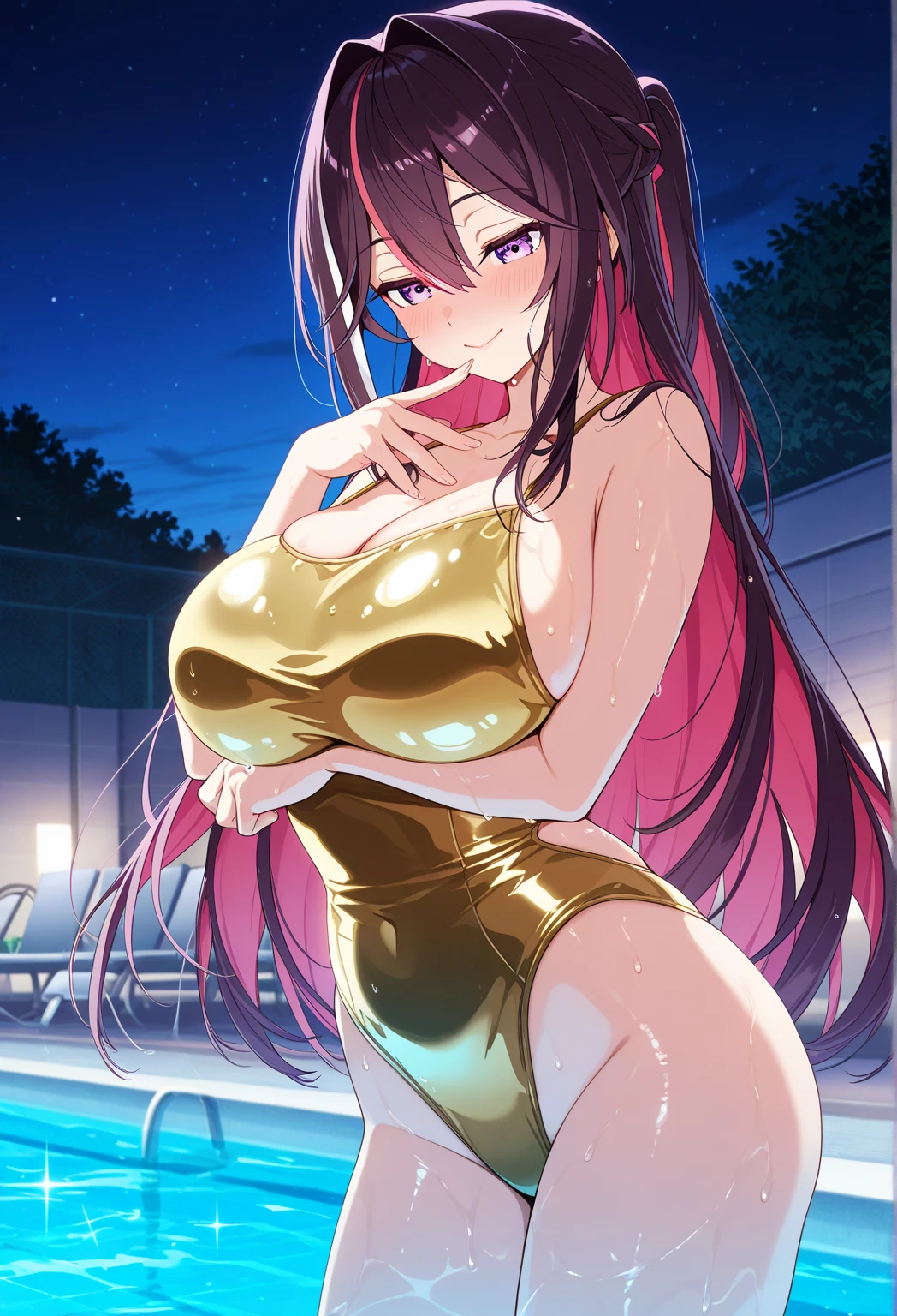 Slimy loli in bikini with enormous breasts, pure magenta eyes, in pool, nightime